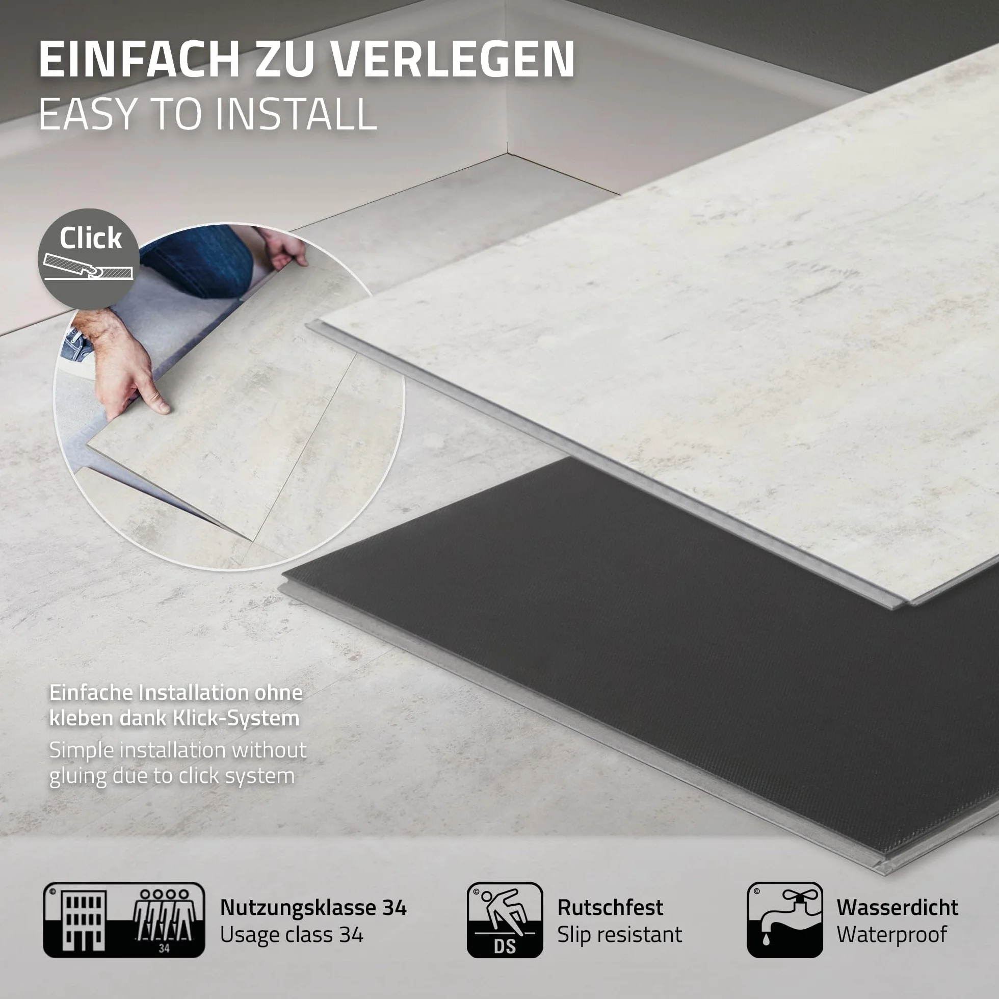 ML-Design Podloga Winylowa Klik, Panele Winylowe z Systemem Klik i Izolacja Akustyczna, Antyposlizgowe, Wodoodporne 9,3 m² / 50 Desek, 61 × 30,5 cm, Grubosc 4,2 mm Szare Efekt Jasnego Betonu