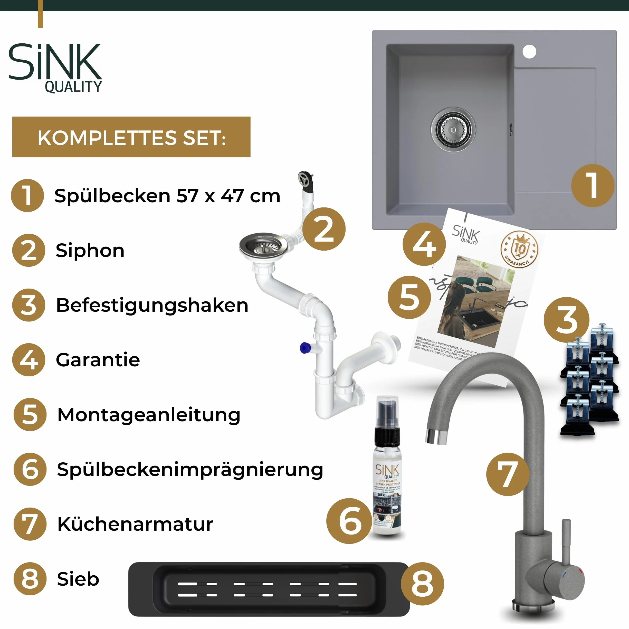 SINK Quality Zlewozmywak granitowy szary z armaturą 58 x 47 – zlewozmywak z syfonem i środkiem impregnującym – zlewozmywak kuchenny szary z ociekaczem do szafki pod umywalkę 50