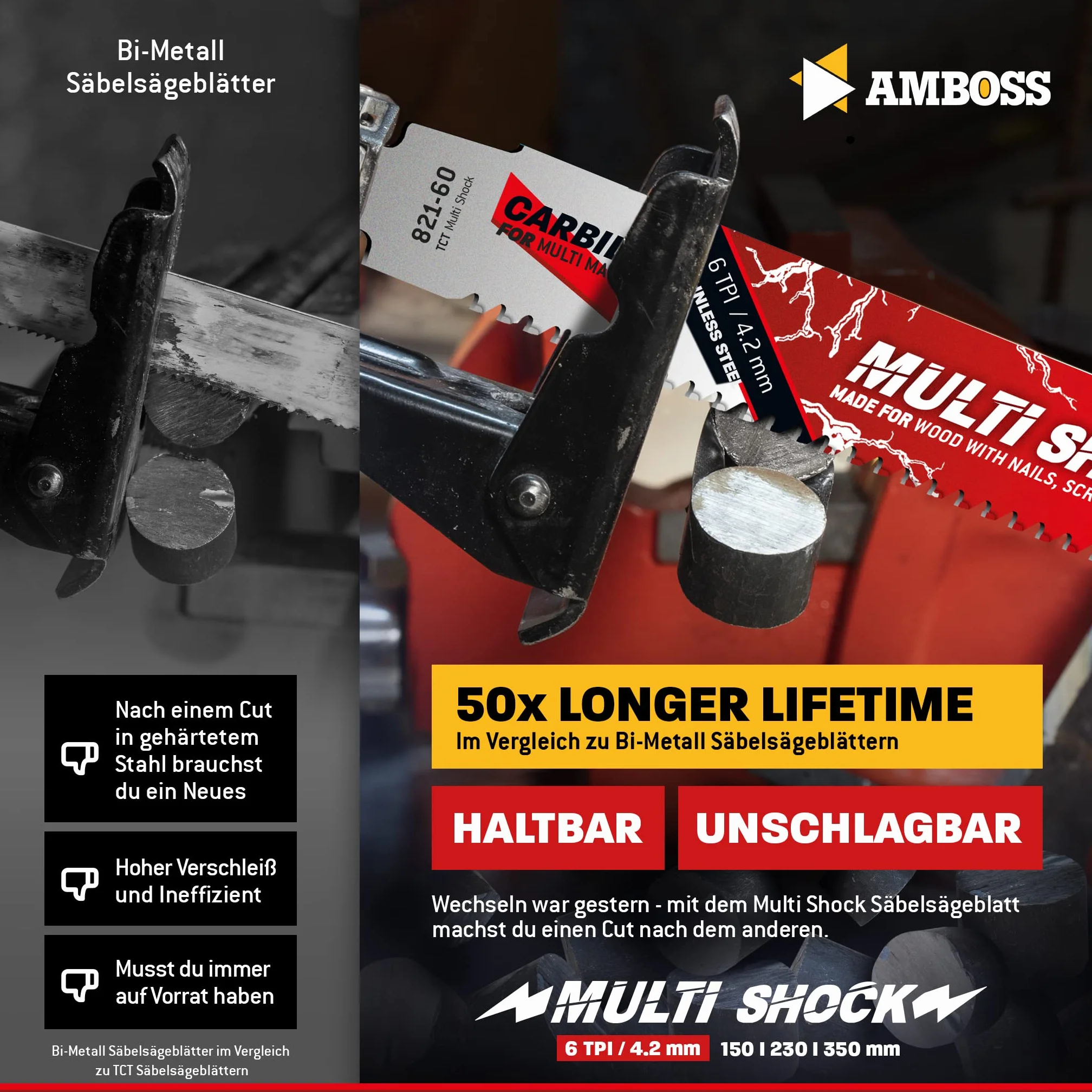 AMBOSS MULTI SHOCK – 3 x brzeszczot do piły szablastej długość 300 mm / 6 ZpZ – idealny do drewna z gwoździami i drewnem ze śrubami oraz stalą – wiele materiałów