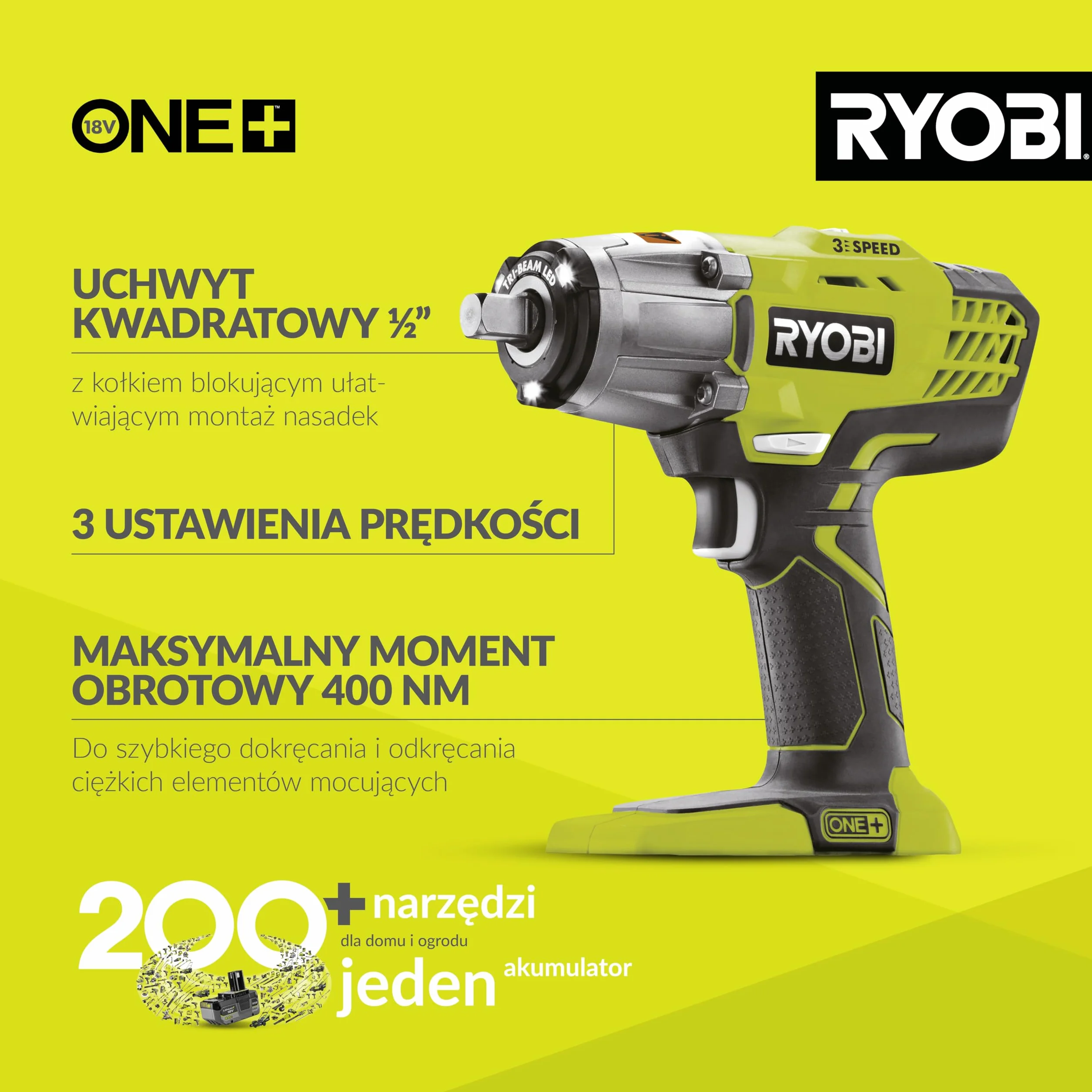 Ryobi Akumulatorowy Klucz Udarowy R18IW3-0, 18 V, 400 Nm, Uchwyt 1/2", 3 Ustawienia Prędkości, Światło LED