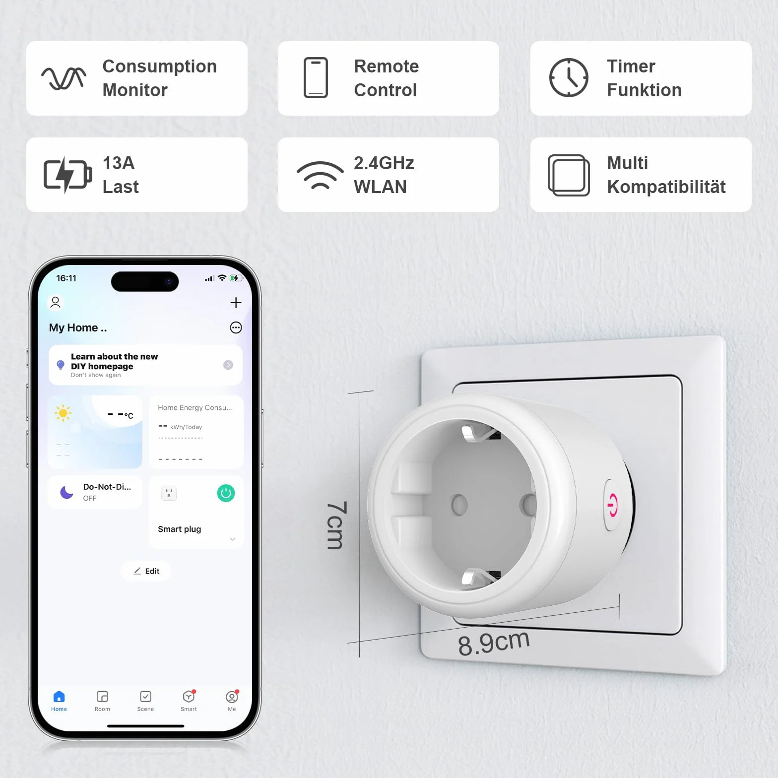 SURFOU Mini Smart Plug, 16A Smart Compact Plugs, kompatybilny z Alexa, Google Home, pilot zdalnego sterowania, pomiar zużycia energii, sterowanie głosowe, funkcja czasu