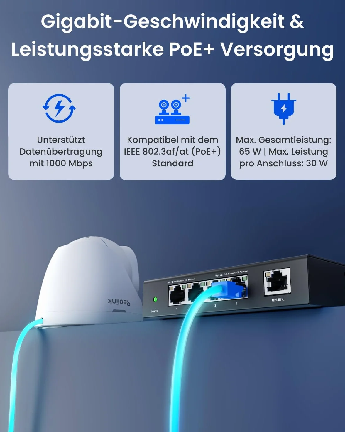 Reolink Przełącznik PoE o wysokiej prędkości i stabilności z 4+1 portami i adapterem 65 W dla domu i firmy, z metalową obudową, montaż na ścianie lub na stole, kompatybilny z IEEE 802.3af/at, RLA-PS1E
