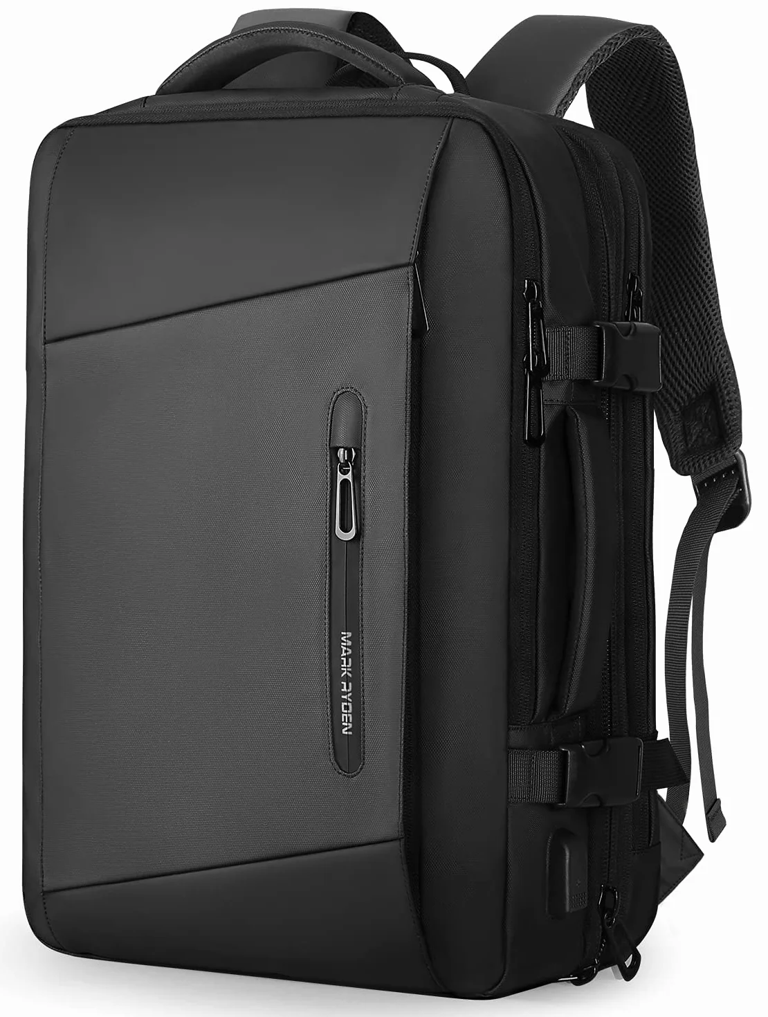 MARK RYDEN Powiększany plecak 25-40L, biznesowy plecak męski, 17" torba na laptopa z przyłączem USB do ładowania, wodoszczelny, zabezpieczający przed kradzieżą, do samolotu, bagaż podręczny, czarny
