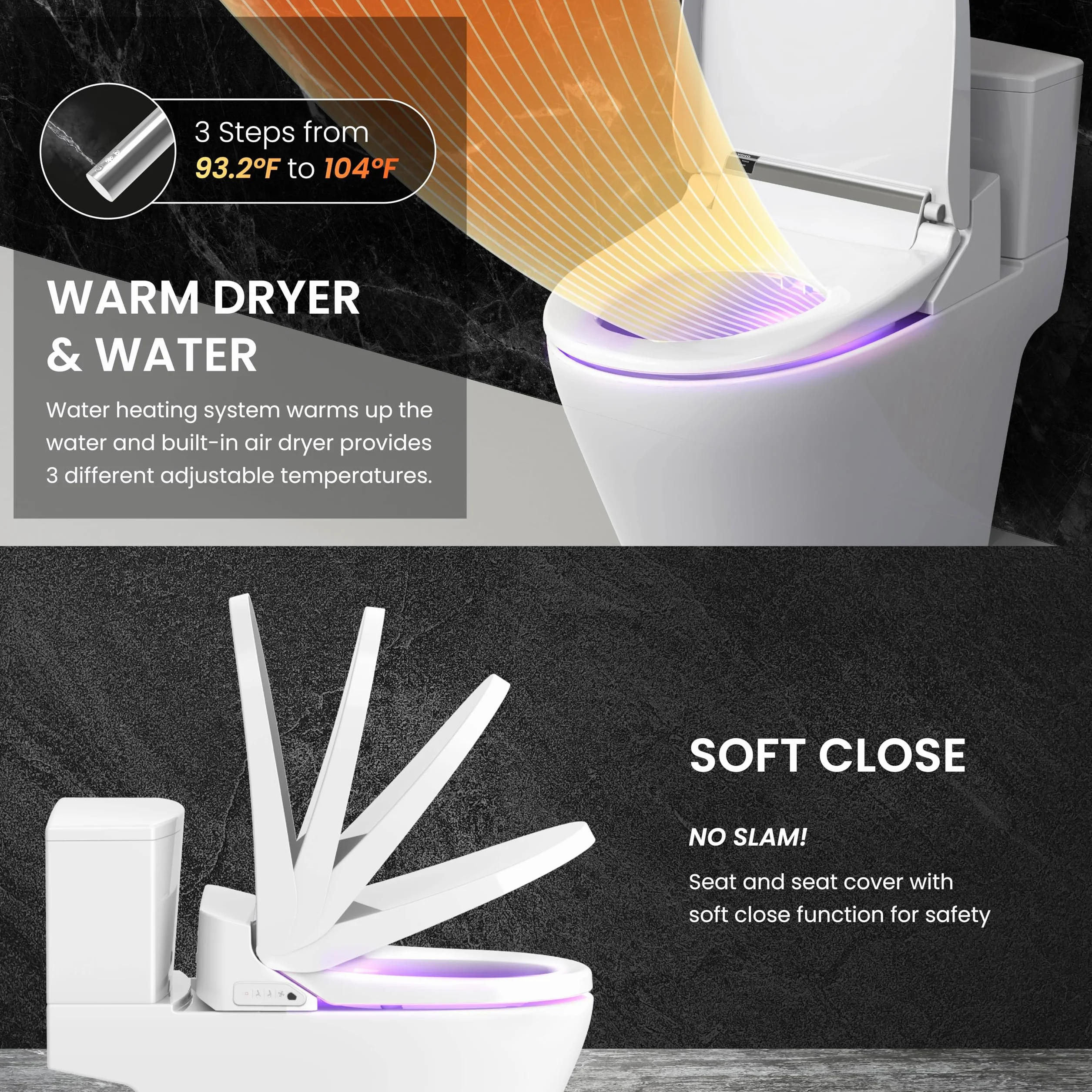 VOVO STYLEMENT VB-4100SR Electronic Smart Bidet Toilet Seat, Easy Install, Heated Seat,Warm Dry and Water, LED, Deodorization, Eco Power Save,Self Cleaning Full Stainless Nozzle, Round, Made in Korea