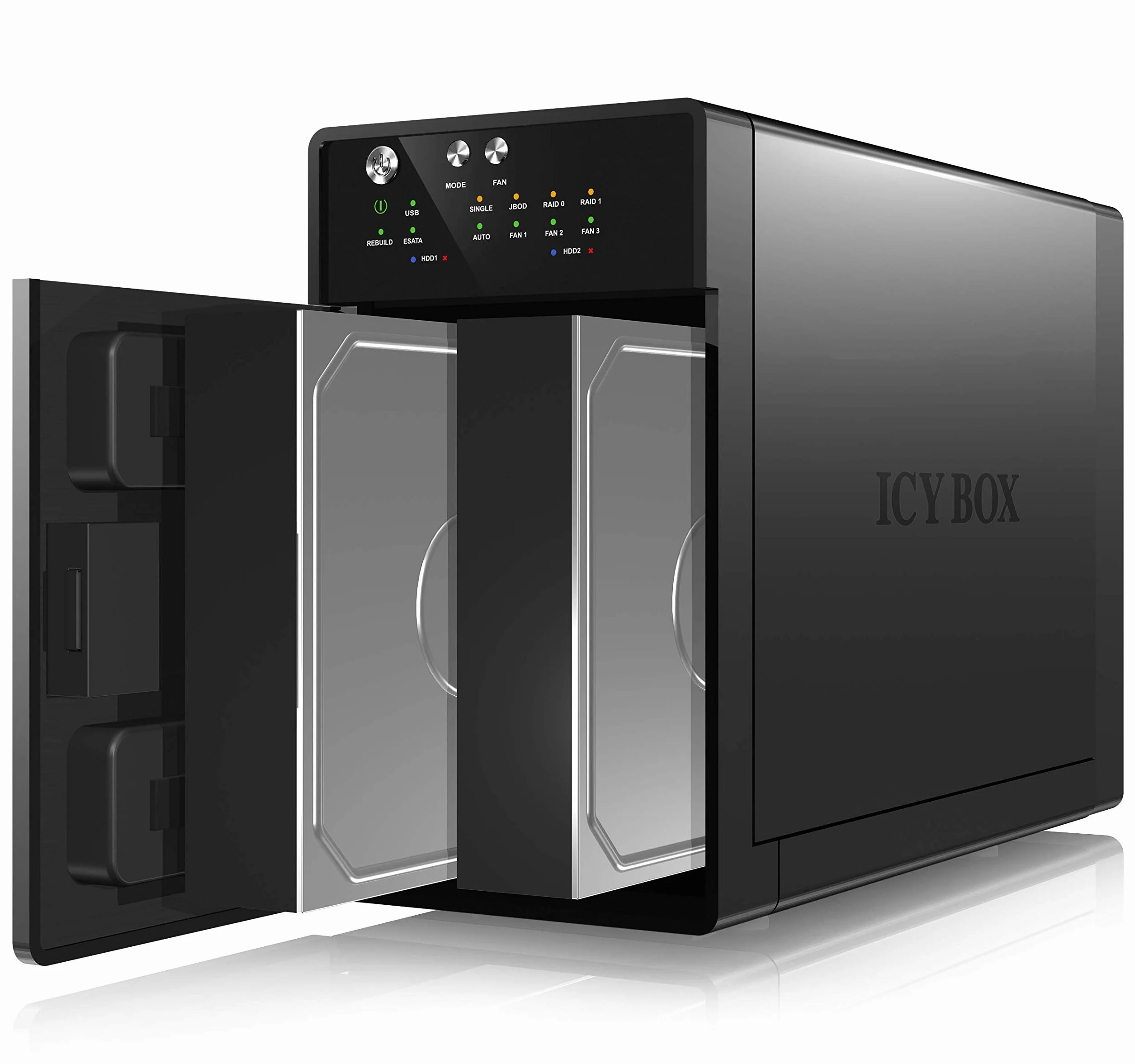 ICY BOX IB-RD3620SU3 zewnętrzna obudowa 2 gniazda (Raid 0/1, Single, JBOD) do 2 x 3,5 cala SATA i, II, III dyski twarde, USB 3.0 (UASP) i złącze eSATA, inteligentny wentylator