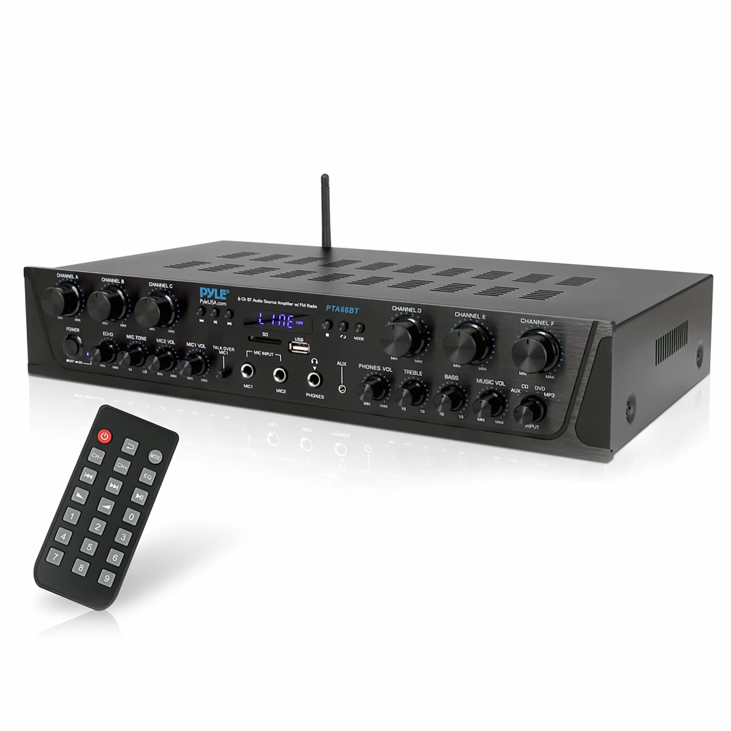 Pyle Wireless Home Audio Amplifier System - Bluetooth Compatible Sound Stereo Receiver Amp - 6 Channel 600 Watt Power, Digital LCD, Headphone Jack, 1/4'' Microphone IN USB SD AUX RCA FM Radio