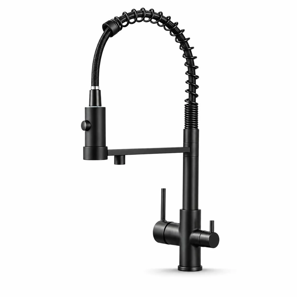 3-drożna armatura kuchenna SOLID SPRING z wyciąganą słuchawką, oddzielny przewód do filtra wody, wylewka obracana o 360°, armatura sprężynowa z mosiądzu, montaż jednootworowy (czarna)