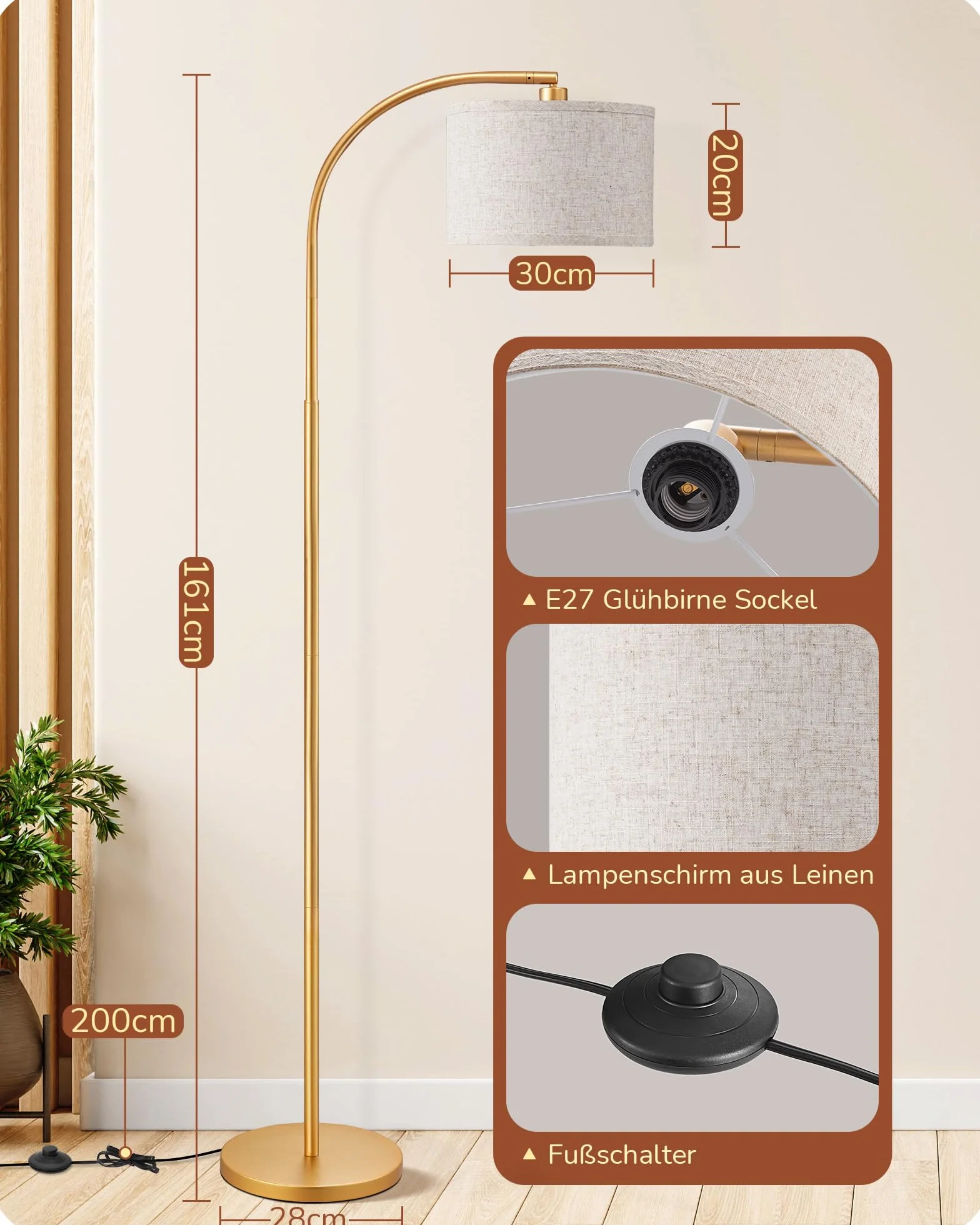 EDISHINE Lampa Stojąca Do Salonu, 161 Cm, Lampa Łukowa Z Regulowanym Beżowym Abażurem Lnianym I Przełącznikiem Nożnym, Z Żarówką LED E27, Lampa Do Czytania Do Sypialni, Nowoczesna Lampa Stojąca