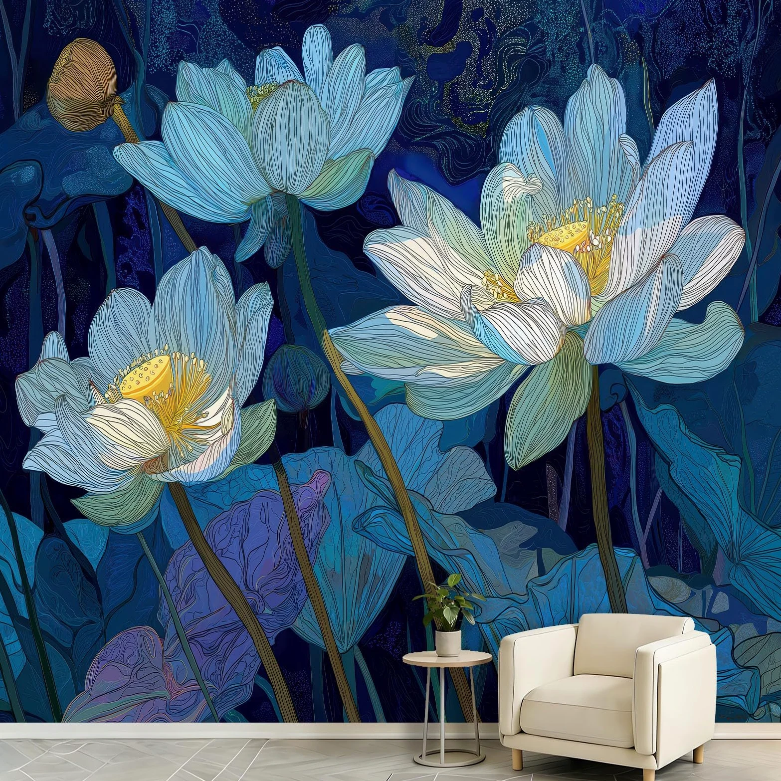 Fototapeta do salonu, kwiaty, lilia wodna, powierzchnia wody 400 x 280 cm, akwarela, lotus, druk 3D, tapeta na fizelinę, tapeta ścienna do sypialni, pokoju dziecięcego, tło TV, tapeta z włókniny