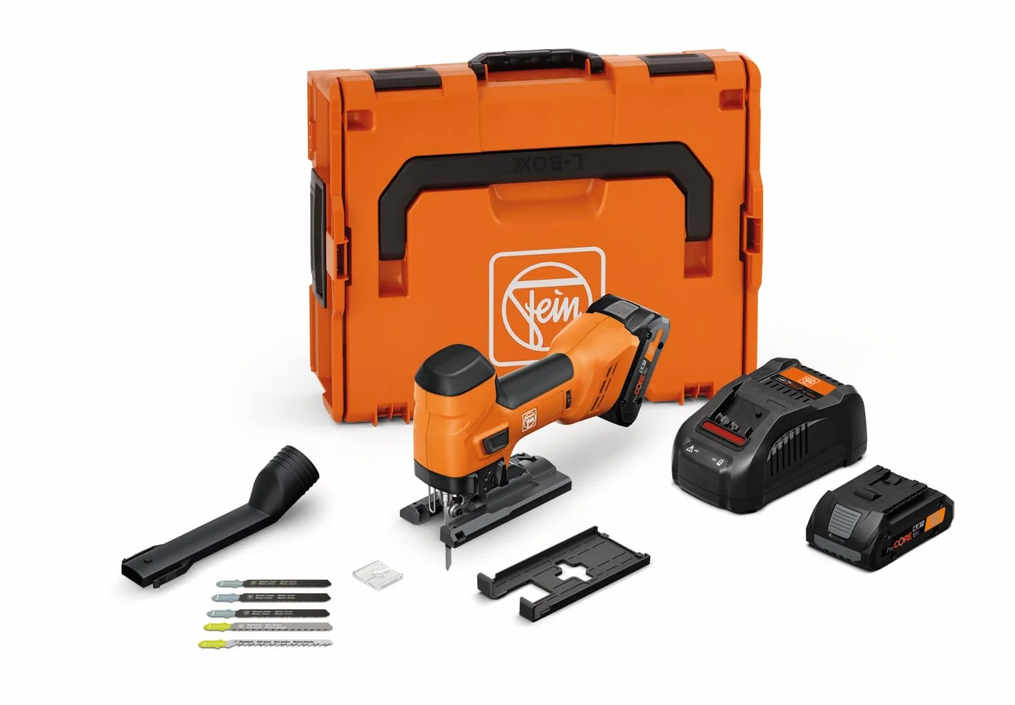 FEIN Akumulatorowa wyrzynarka do metalu i drewna 26 mm skok F-IRON Jig 26 AS Set 2 x 4 Ah. Wydajna wyrzynarka do metalu i drewna do precyzyjnych i zakrzywionych cięć, 2 ProCore 18 V 4 Ah i ładowarka