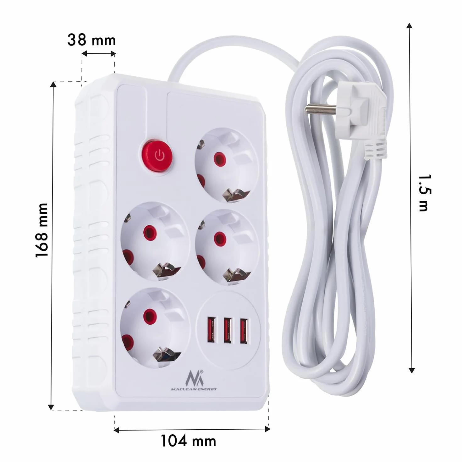 Listwa zasilająca Maclean MCE392/393 | 4 gniazda 3xUSB 2500W kabel 1,5 m gniazda wygięte pod kątem 45° | montaż pod biurkiem podświetlany wyłącznik do domu, biura (Biały, 1,5 m)