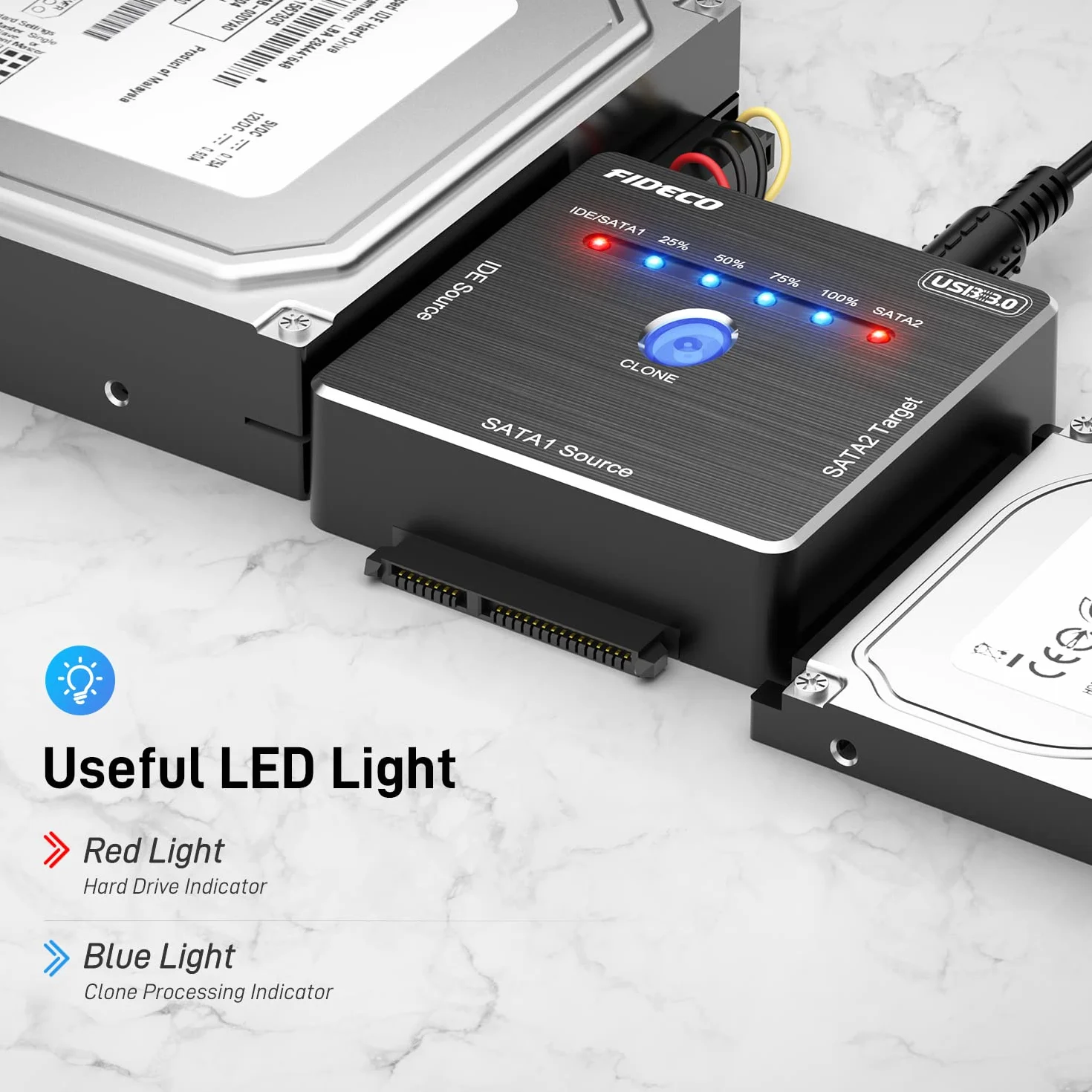 FIDECO Adapter USB 3.0 Na SATA i IDE, Konwerter Dysków Twardych Do 2,5 i 3,5 Cala HDD SSD, Zewnętrzny Adapter Z Zasilaczem 12 V, Bez Kierowcy (Klonowalny)