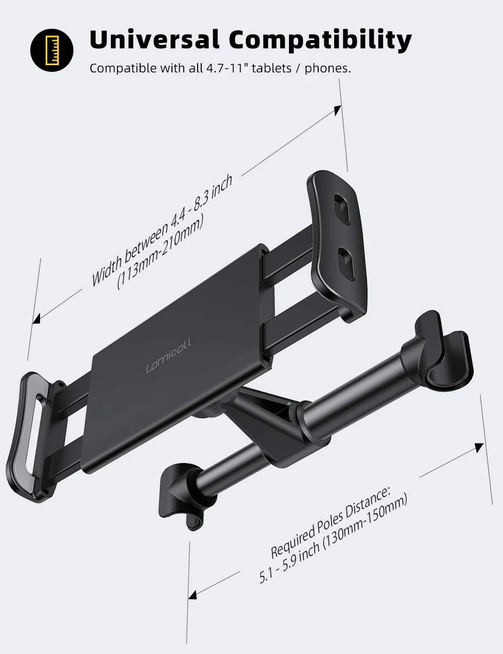 Lamicall Uchwyt samochodowy na tablet, uchwyt samochodowy na zagłówek - Uniwersalna obrotowa podstawka samochodowa 360 na tablety 4.4-11", iPad Pro 9.7, 10.5, iPad Air mini 2 3 4, iPhone, Tab
