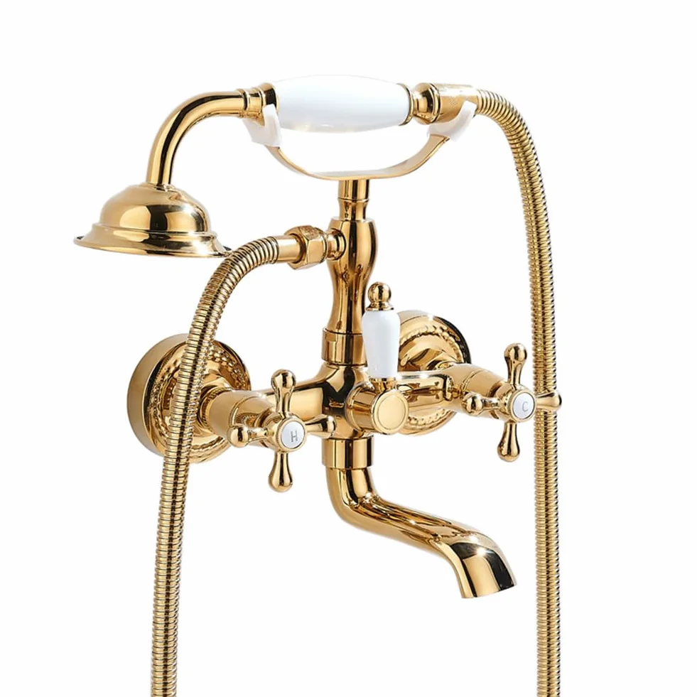 Vintage mosiężna bateria wannowa z ręcznym prysznicem, wąż 150 cm - retro podwójny uchwyt bateria łazienkowa z mieszaczem, złote wykończenie, naścienny, klasyczny design do eleganckich wanien