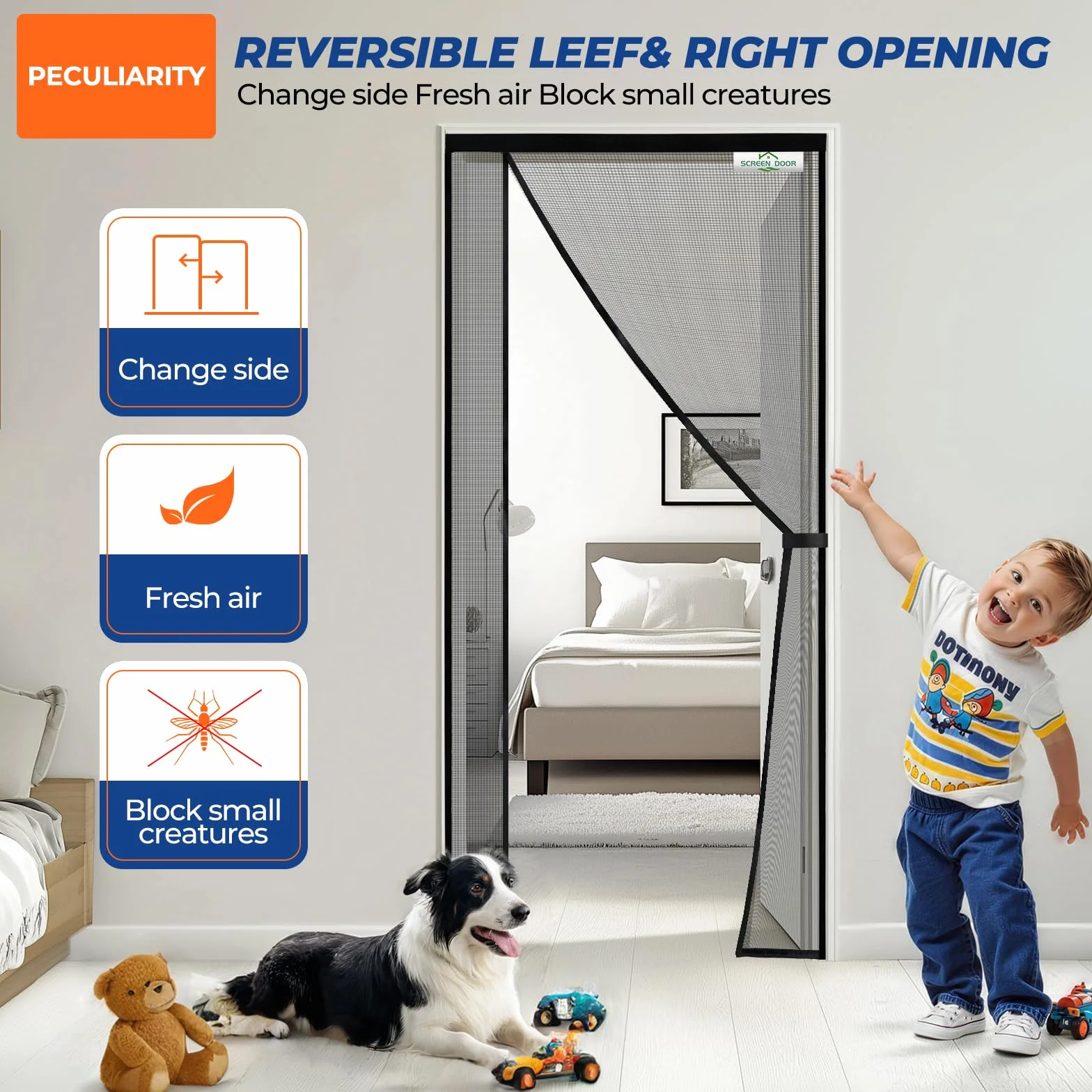 SCREEN DOOR Magnetyczna moskitiera na drzwi balkonowe, 140 x 220 cm, otwierana z boku dla dodatkowego komfortu, ochrona przed owadami na drzwi balkonowe, łatwa instalacja, czarna