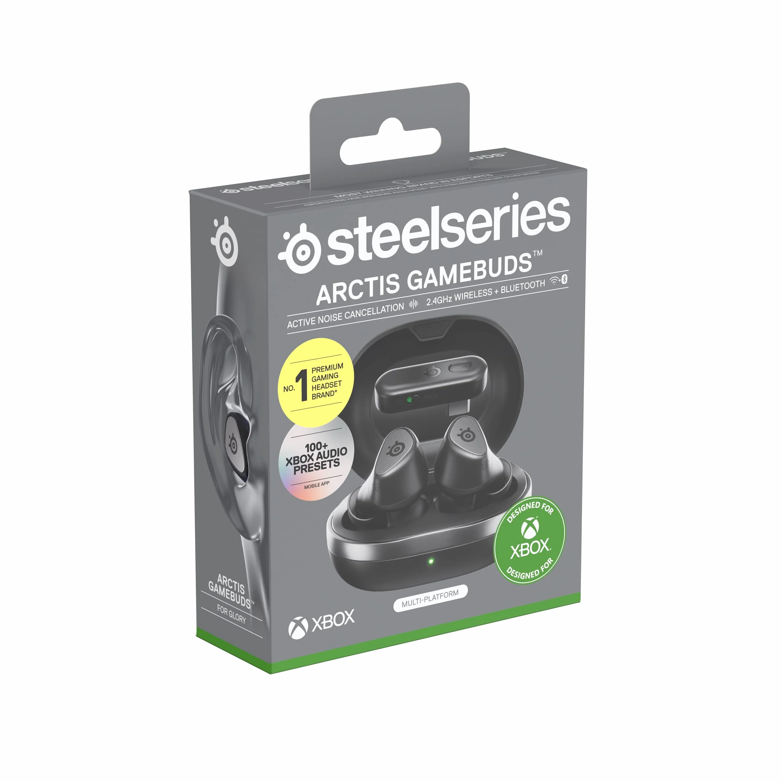 SteelSeries Arctis GameBuds Xbox Bezprzewodowe Słuchawki Douszne do Gier, 2,4 GHz + BT 5.3, ANC, Bateria 40 Godz., Ładowanie Bezprzewodowe, PS5, PC, Switch, Smartphone