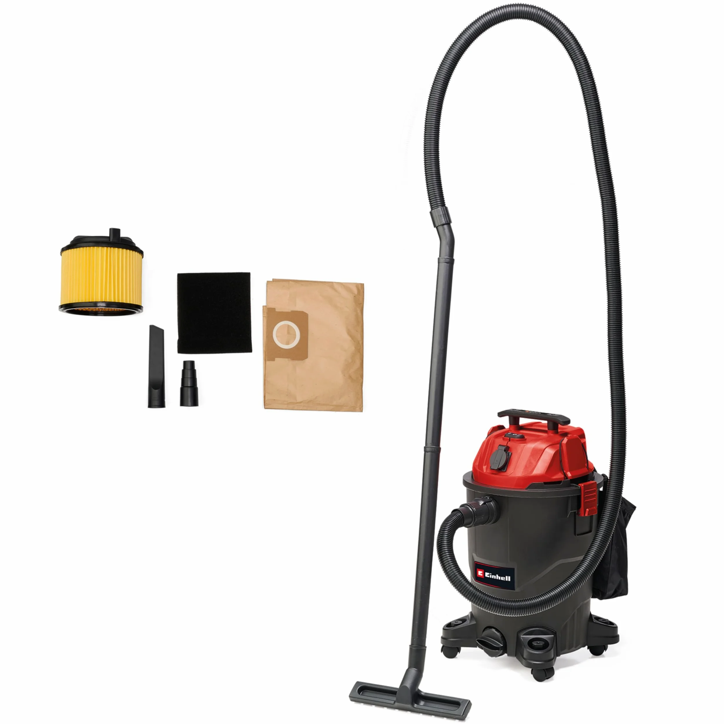Einhell Odkurzacz TC-VC 1930 A (1500 W, moc ssania 190 mbar, automatyczne gniazdko, pojemnik na ścinki 30 l, uchwyt do noszenia, w zestawie dysze, filtr i worek na brud)