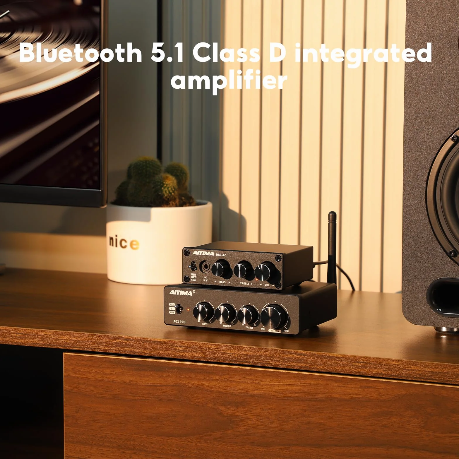 AIYIMA A01PRO wzmacniacz audio Bluetooth 5.1 100 Wx2 Mini HiFi, 2.0-kanałowy wzmacniacz klasy D TPA3116 stereo z regulacją wysokości basów i średnim tonem