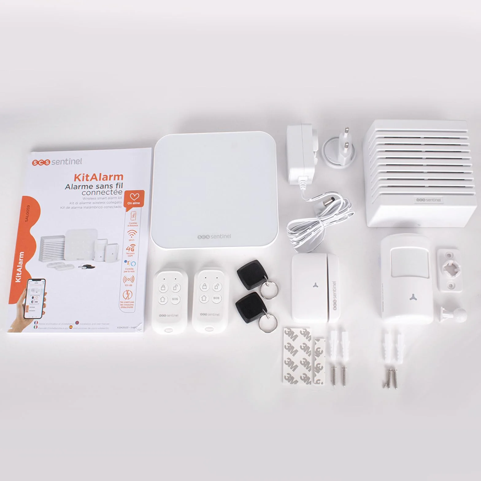 SCS Sentinel, SAL0059, bezprzewodowy zestaw alarmowy podłączony Wi-Fi i GSM 4G, zawiera 1 alarm, 1 bezprzewodowy czujnik ruchu, bezprzewodowy czujnik otwarcia i 1 syrenę, alarm KitAlarm