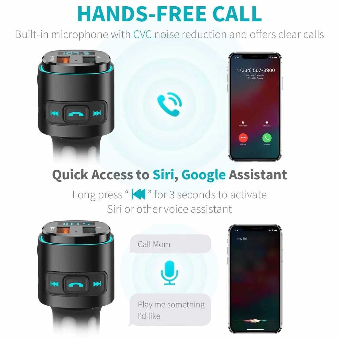 ORIA nadajnik FM Bluetooth samochodowy z QC 3.0 USB, obsługa USB/TF, czarny