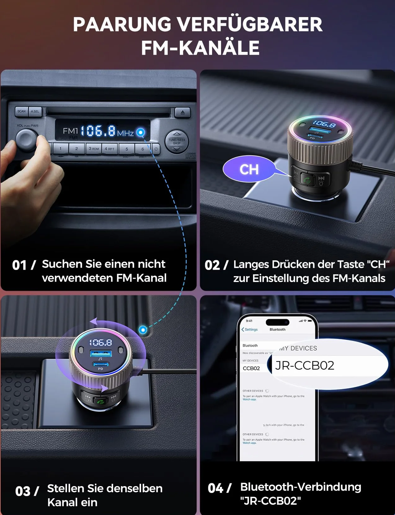 JOYROOM 5.4 Samochodowy Bluetooth 60 W [PD 30W i cewka kablowa typu C 30W] Nadajnik FM Bluetooth Odtwarzacz muzyki bez użycia rąk Stojak na połączenia USB