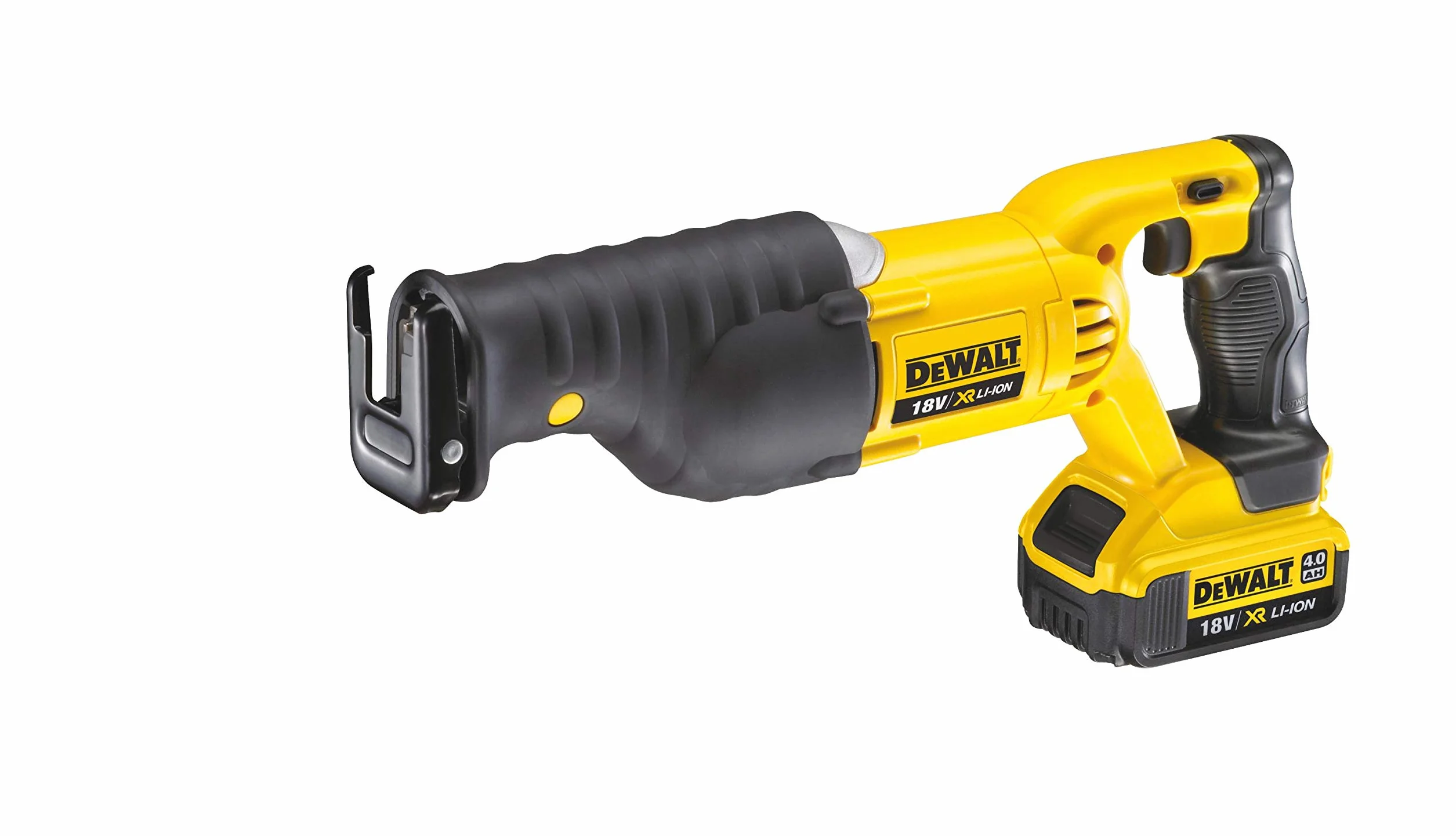 DeWalt Akumulatorowa piła szablasta (18 V, 4,0 Ah, elektryczna regulacja prędkości skokowej i elektroniczny hamulec silnika, wymiana brzeszczotu bez użycia narzędzi, w zestawie 2 akumulatory, ładowarka do szybkiego ładowania i walizka) DCS380M2
