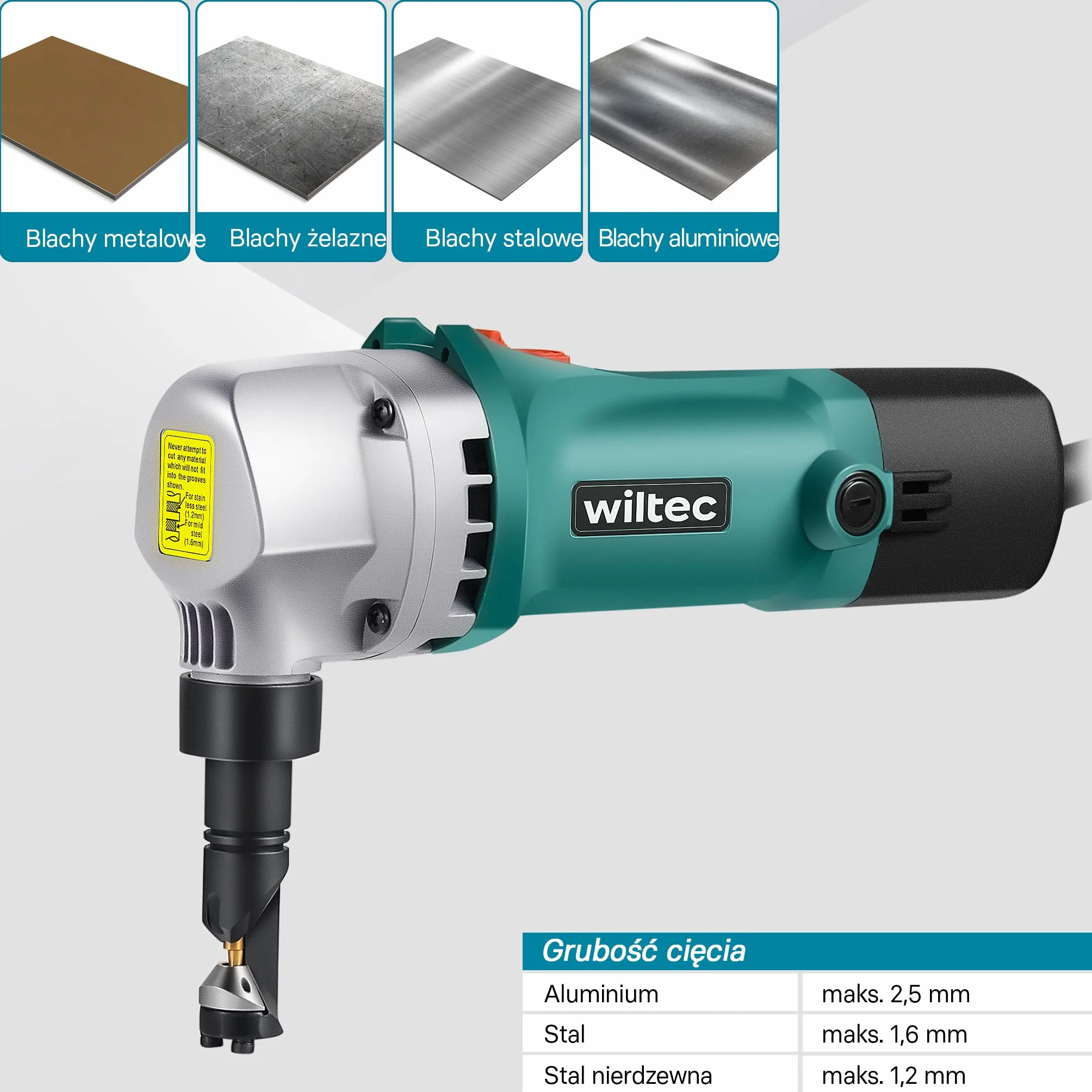 Wiltec Nożyce do blachy elektryczne 500 W, maks. głębokość cięcia 2,5 mm bez deformacji do blach prostych i falowanych, obrotowa głowica 360°