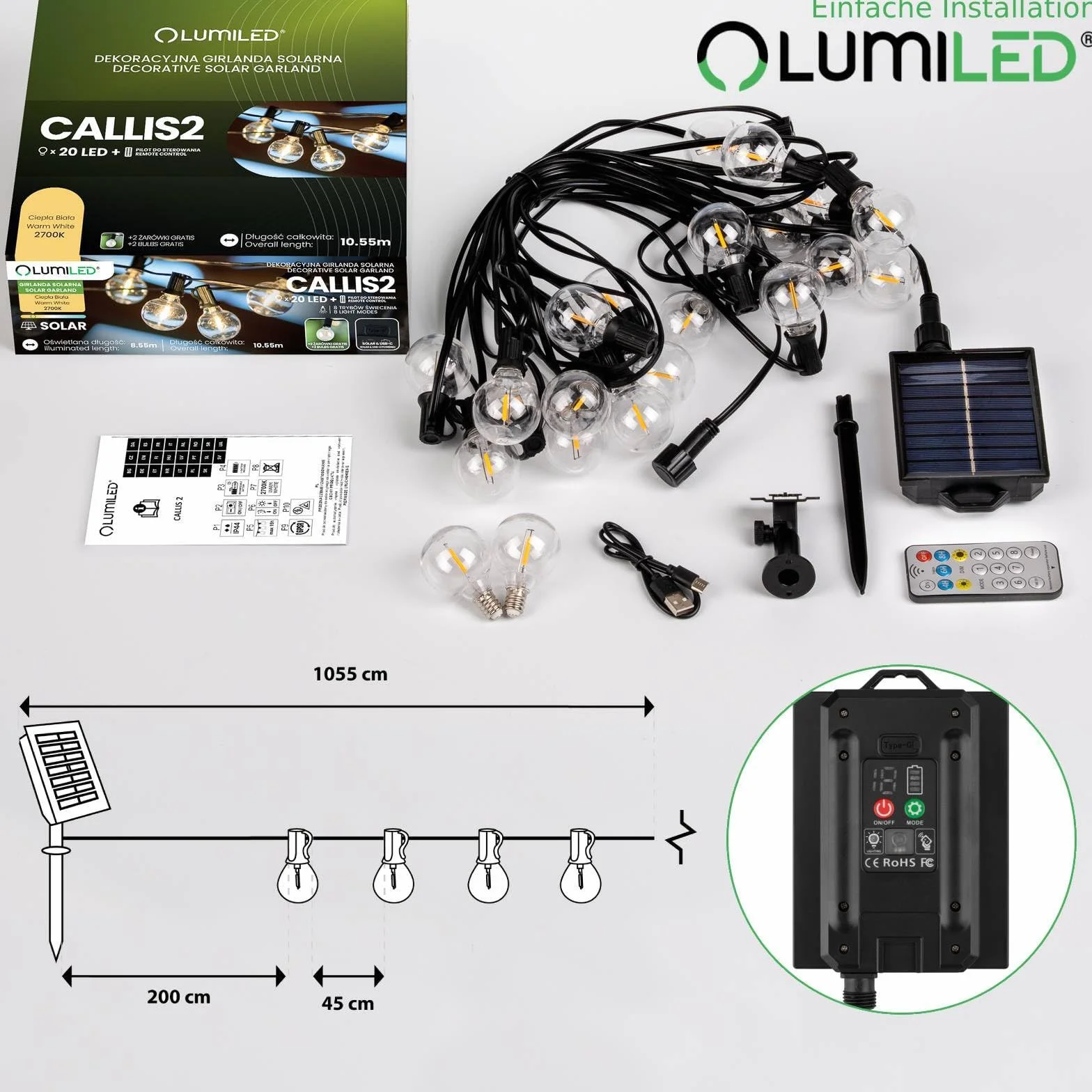 Lumiled Solarny łańcuch świetlny na zewnątrz 20 + 2 żarówki zapasowe x G40 LED 10,55 M z pilotem Solarny łańcuch świetlny Oświetlenie ogrodowe na zewnątrz IP44 Ciepła biel 2700K Żarówki 8 trybów pracy