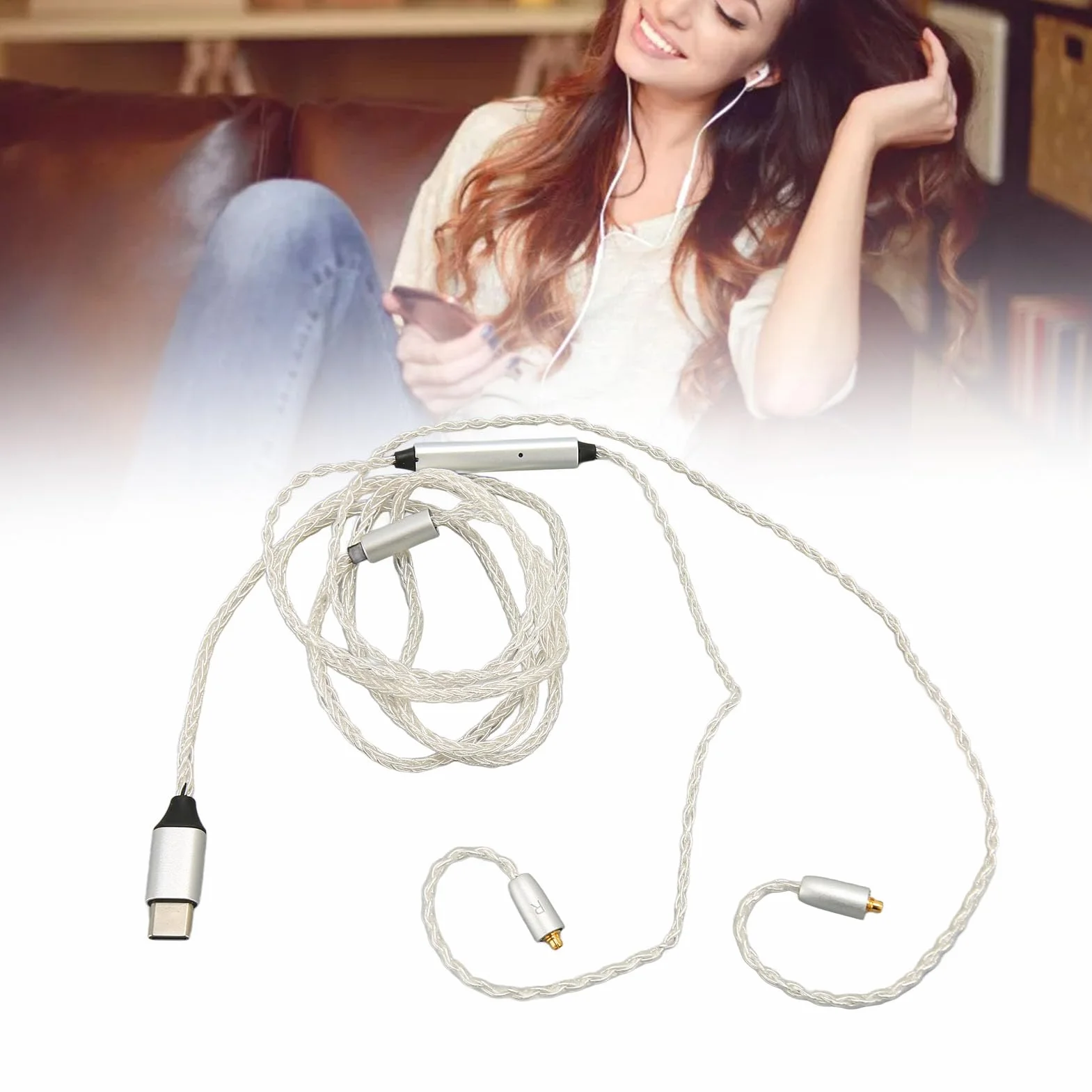 Kabel Słuchawkowy Typu C do MMCX z Mikrofonem, Beztlenowy Miedziany, do SE215 SE315 SE535 SE846 UE900, Biały, 3.9ft