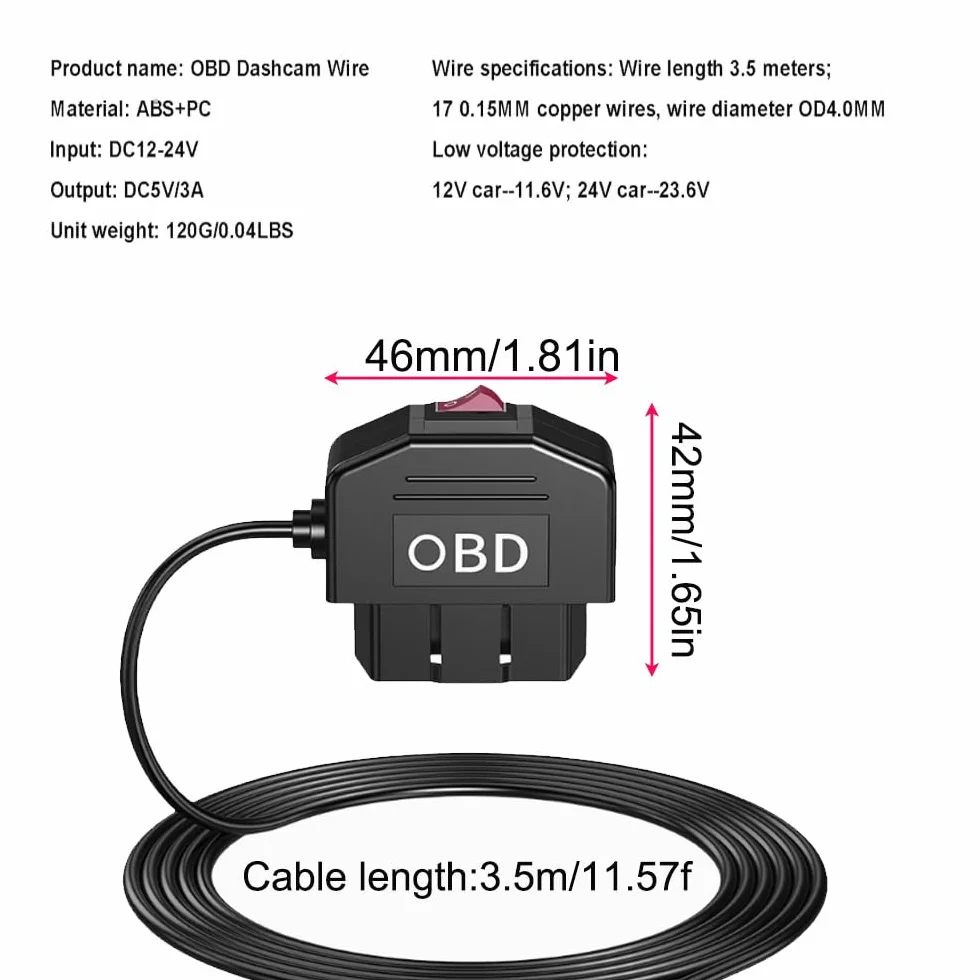 Gebildet Miniaturowy zestaw USB Dash Cam OBD Hardwire z kablem zasilającym OBD do kamery samochodowej 12-24V do 5V/3A z zabezpieczeniem przed niskim napięciem,24godzinny monitoring parkingowy/tryb Acc