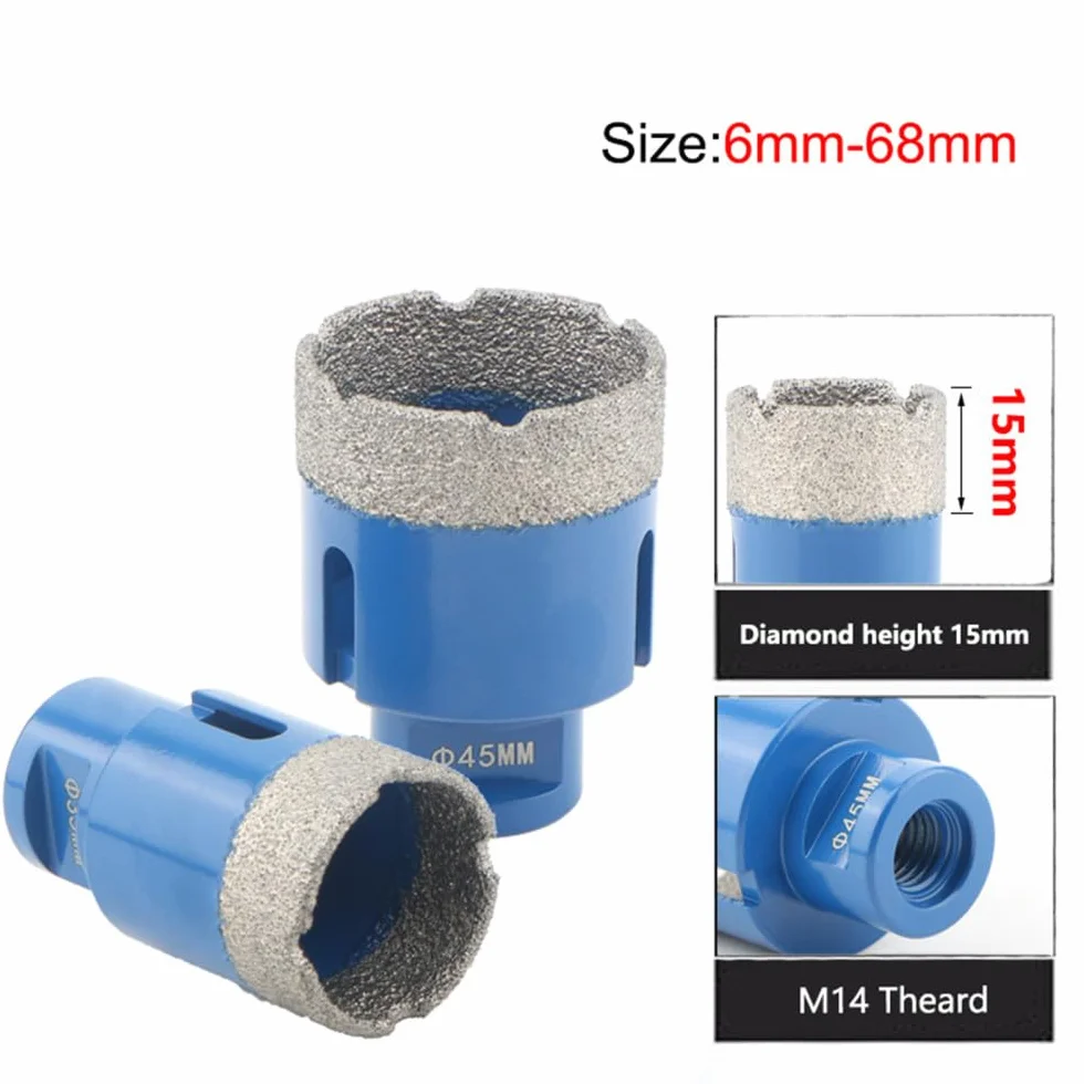 Wiertła lutowane na sucho 6mm-68mm Gwint M14 Lutowane wiertło diamentowe na sucho Otwornica Płytka ceramiczna Granit Marmur Narzędzia do otwierania otworów, 45MM
