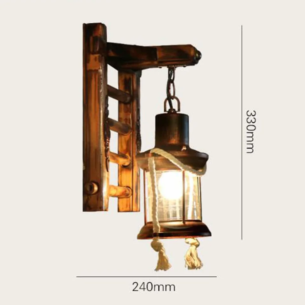 Retro Drewniana Lampa ścienna Kinkiet Schodowy Kreatywna Bambusowa Lampa Wisząca Vintage Konopna Lina Rustykalny Kinkiet Szklany klosz Kinkiety Do Sypialni Restauracja Hotel Korytarz Jadalnia