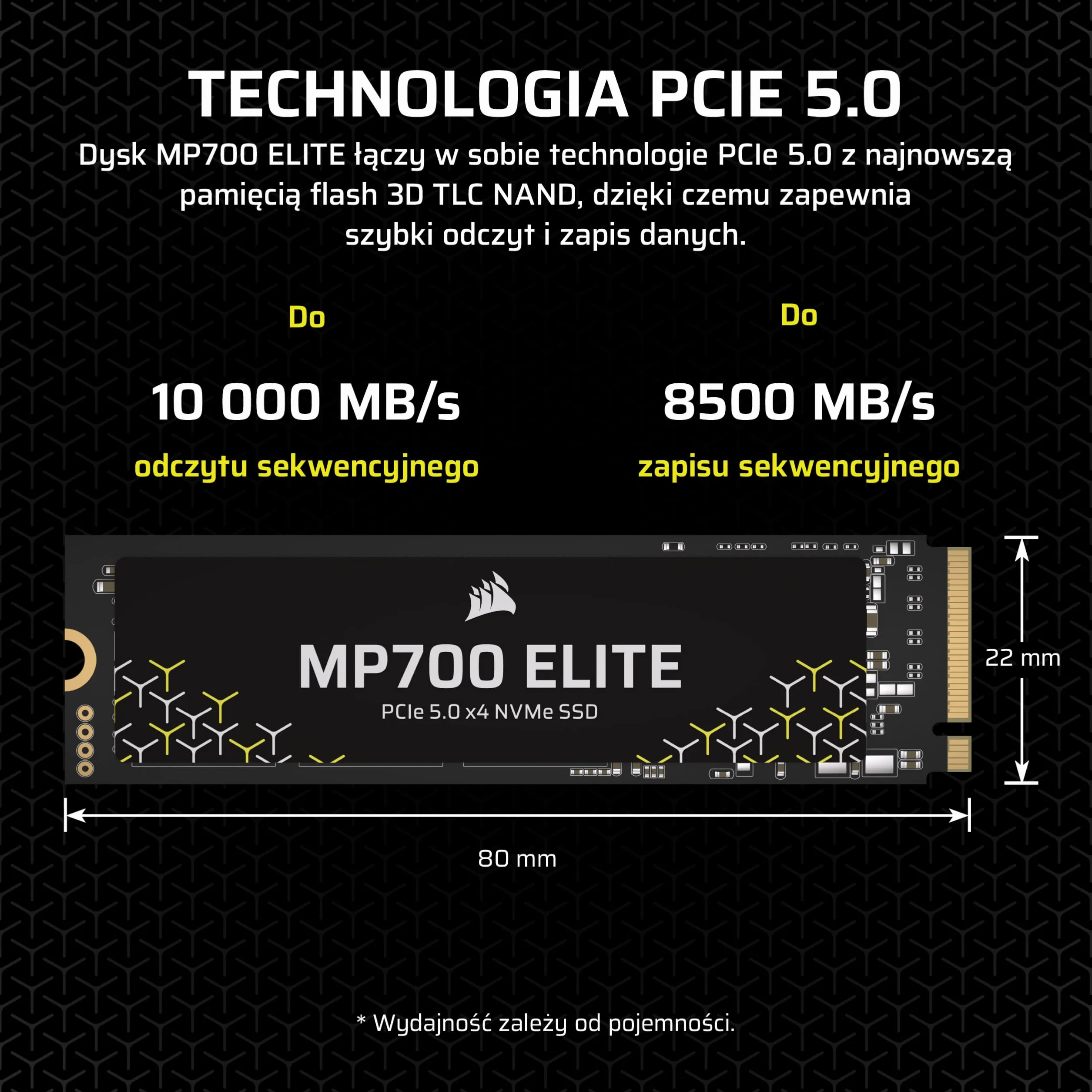CORSAIR MP700 ELITE 1TB PCIe 5.0 x4 NVMe SSD M.2 2280 10000 MB/s Czarny