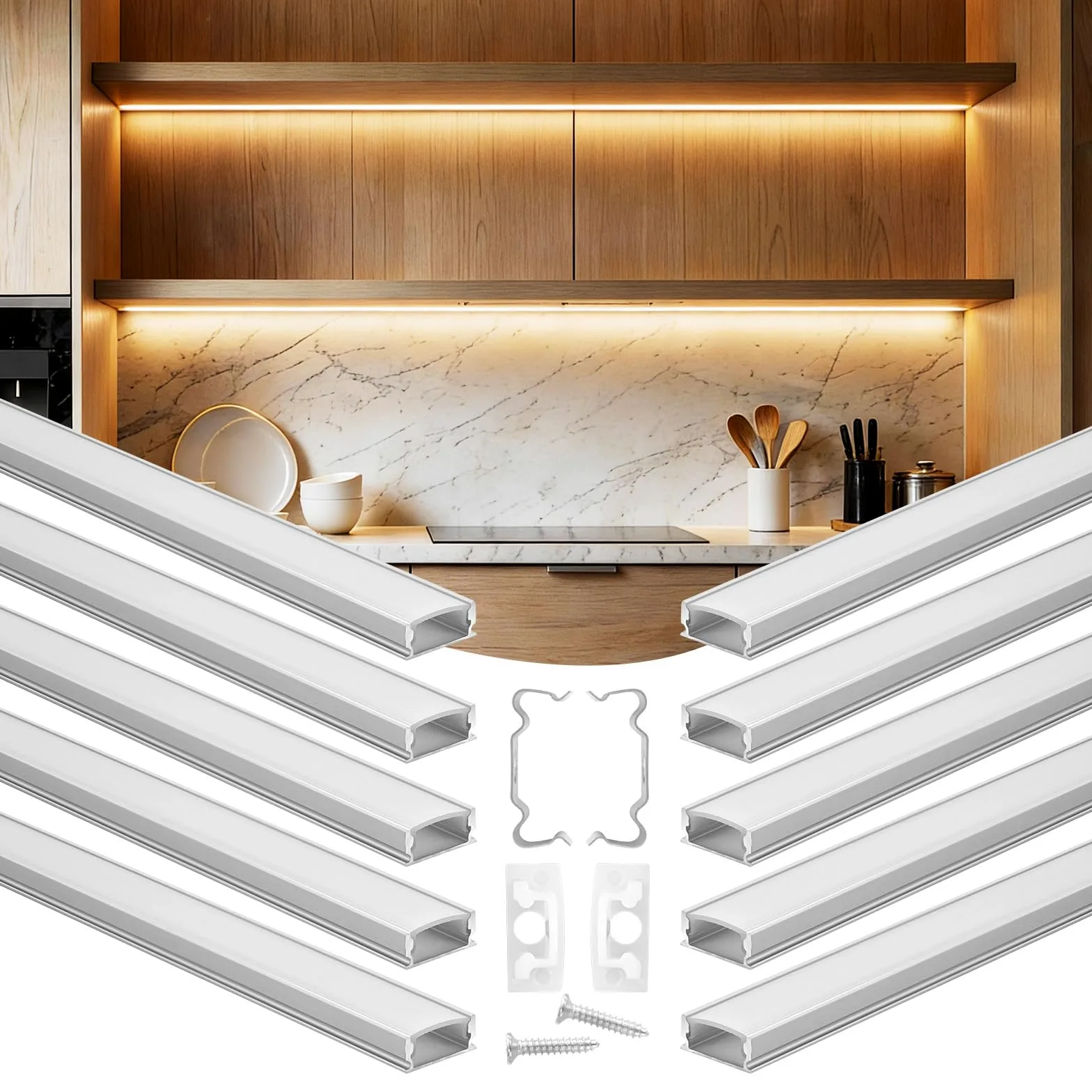 VEVOR Profil aluminiowy do taśmy LED 2 metry, opakowanie 10 sztuk, kanał LED, z dyfuzorem opalnym, zatyczki końcowe i klipsy montażowe, instalacja światła do sypialni kuchni salonu