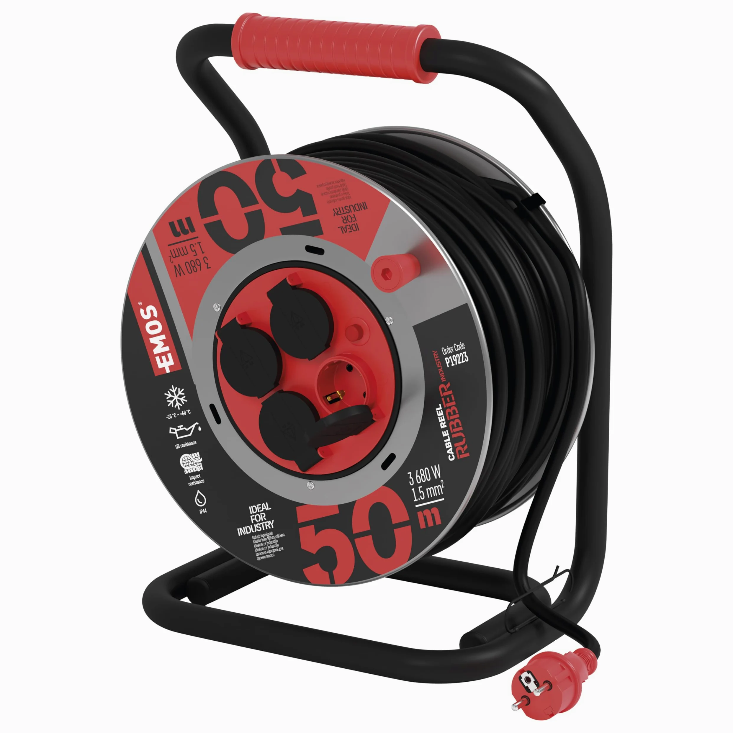 EMOS - Bęben kablowy 50 m z blachy stalowej – 4 gniazda Schuko – wodoszczelny, odporny na uderzenia, olej i warunki atmosferyczne – 230 V, 16 A, 3680 W – izolacja gumowa – H07RN-F 1,5 mm² – IP44 do