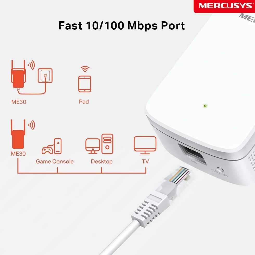 Mercusys ME30 | Wzmacniacz Zasięgu Wi-Fi AC1200 Dual Band | 867 Mb/s (5 GHz) + 300 Mb/s (2,4 GHz) | Adaptacyjny Wybór Ścieżki | WPS | Port Ethernet | Tryb Punktu Dostępowego
