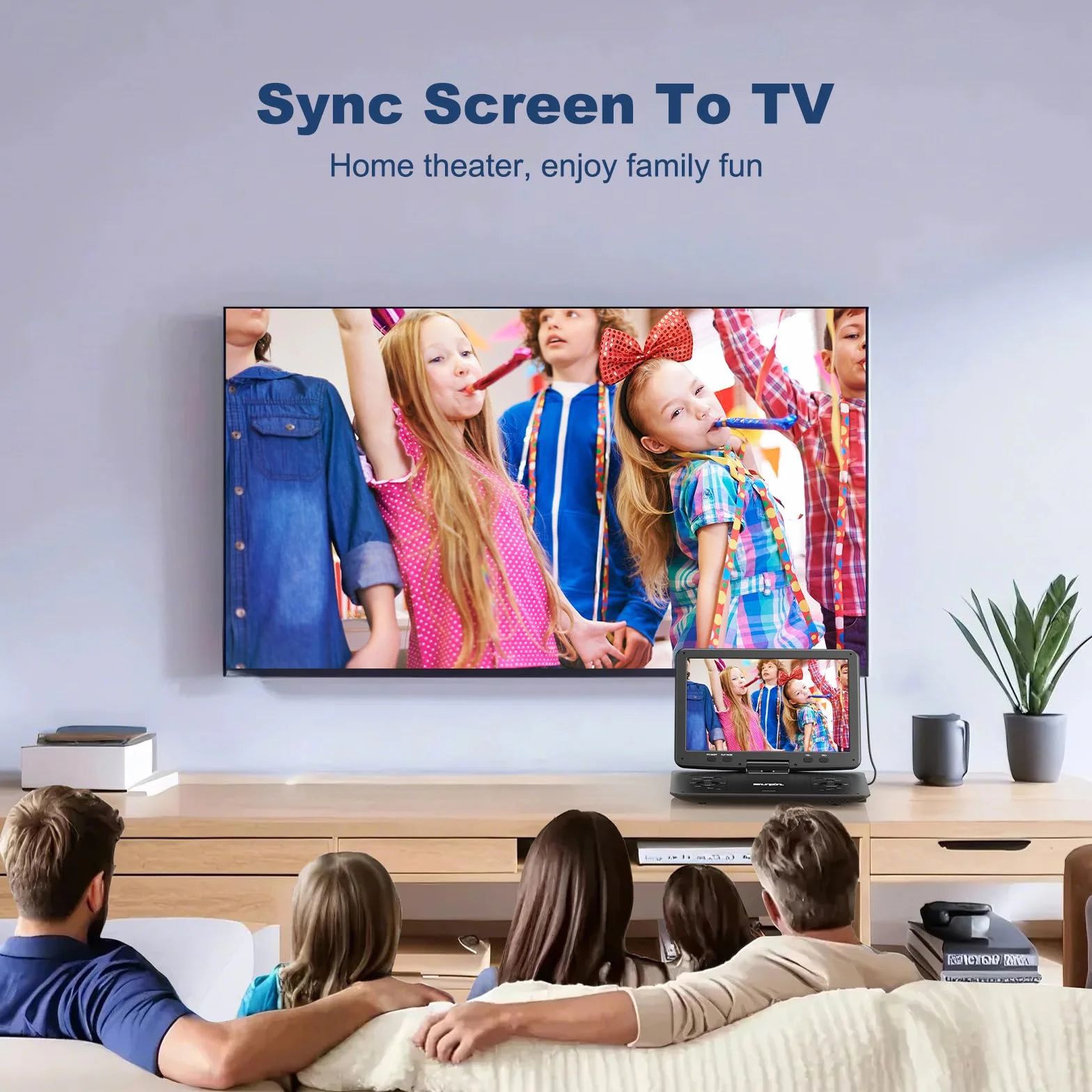 SUNPIN Przenośny Odtwarzacz DVD 16,9" z Ekranem HD 14,1", Dla Dzieci, z Wbudowaną Baterią 6 Godzin, Synchronizacja TV Video Player USB/Kart SD