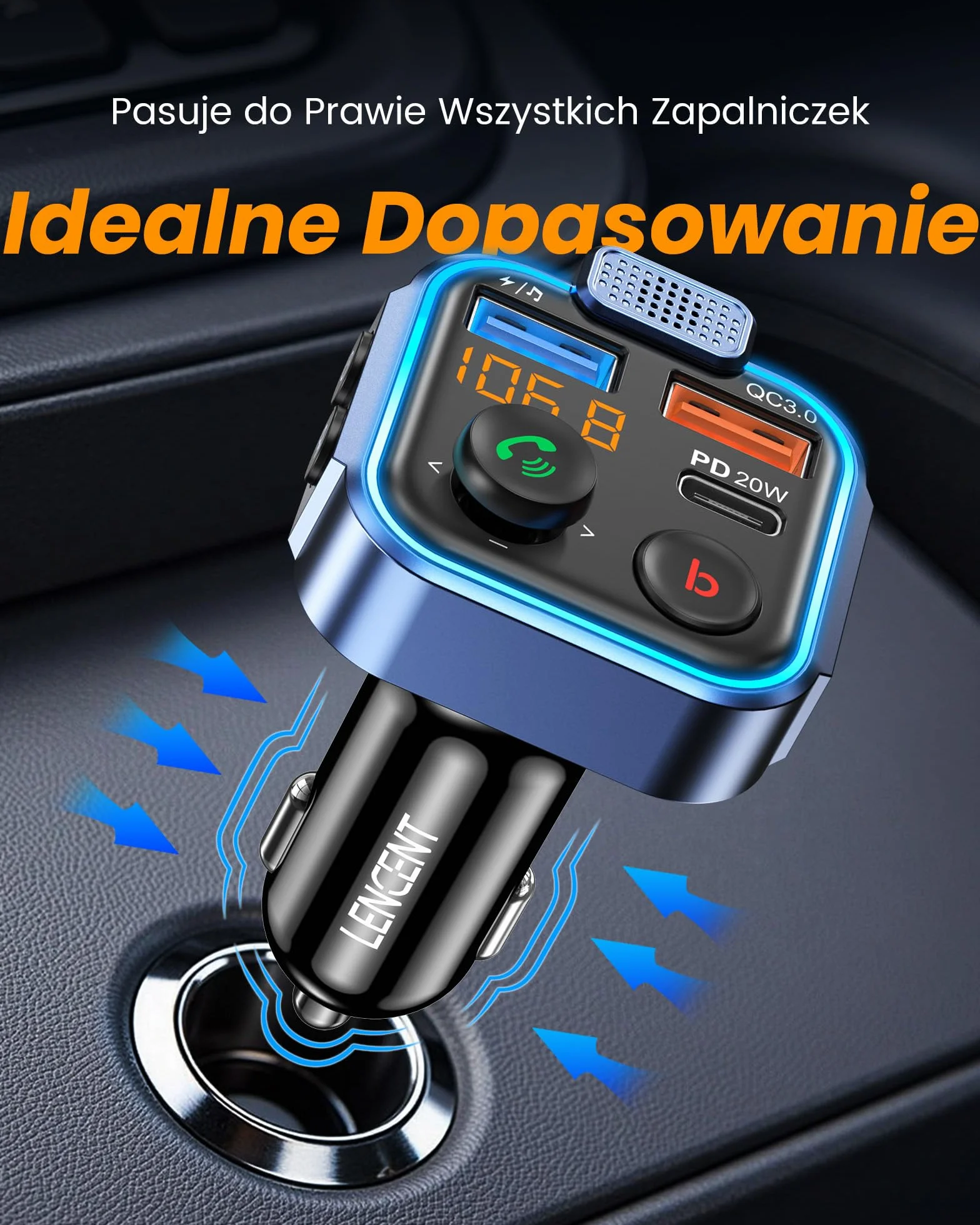 LENCENT Nadajnik FM Bluetooth V5.3, Transmiter FM Radio Samochodowe z głębokim basem Ładowarka Samochodowa z Zestawem głośnomówiącym i dwoma portami USB PD Type-C QC 3.0 USB z Niebieskim Oświetleniem
