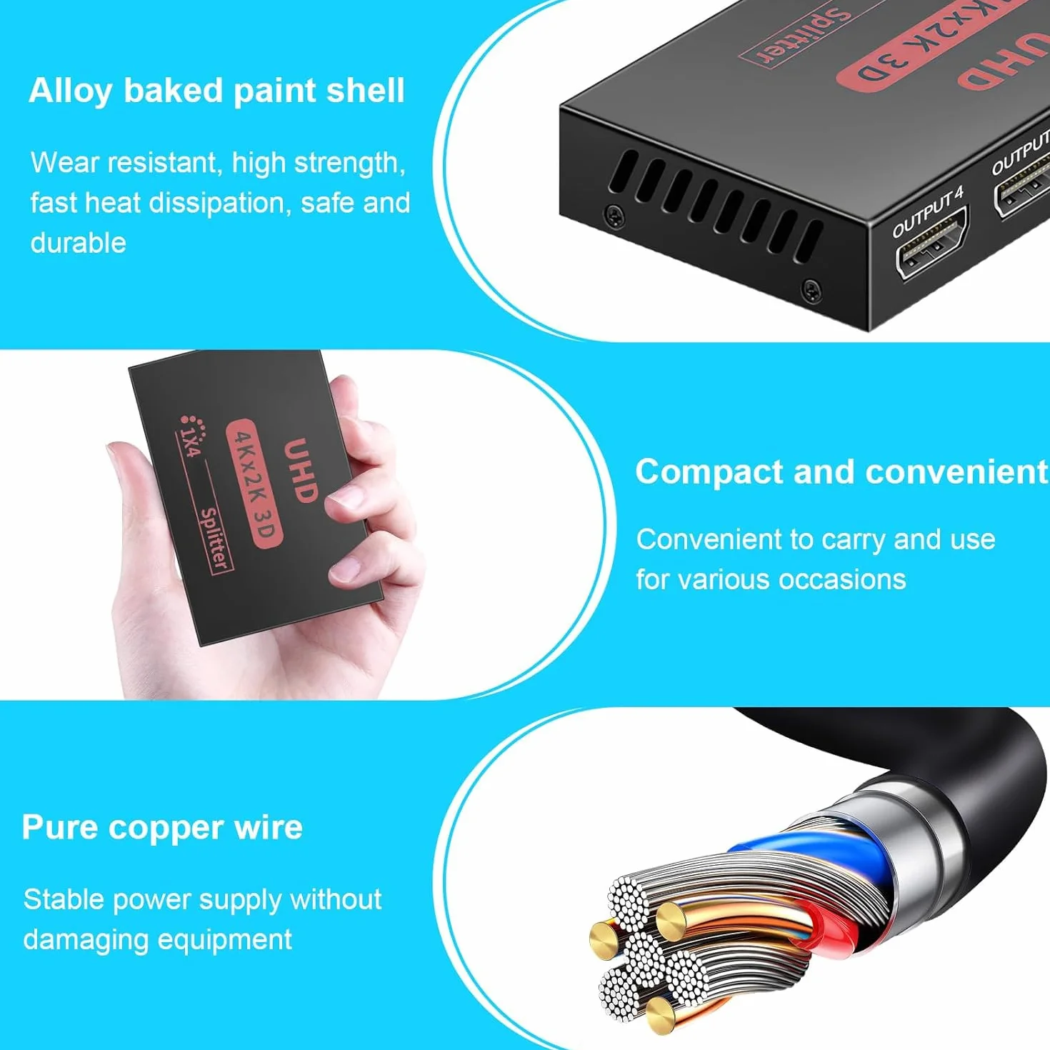 4K Rozdzielacz HDMI 1 W 4 Out, rozdzielacz HDMI 1x4, przełącznik duplikator, dystrybutor audio wideo obsługuje 3D, HDCP, 4K przy 30 Hz, długa transmisja, do TV, PS4, Xbox, Blu-ray, projektora i