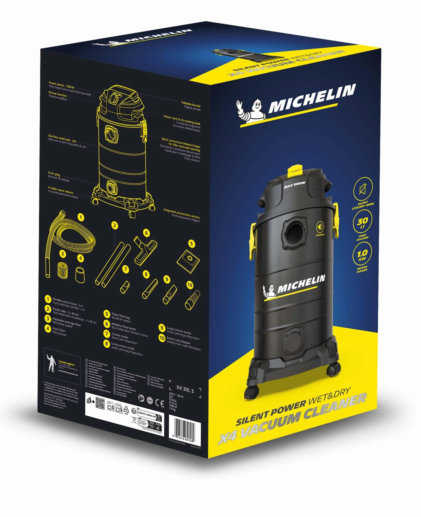 MICHELIN, X4 30L S odkurzacz stały i ciecz, cichy zakres, zbiornik ze stali 30 l, z gniazdem elektronarzędzi, 1000 W, w komplecie z akcesoriami, funkcja dmuchania, 19 kPa