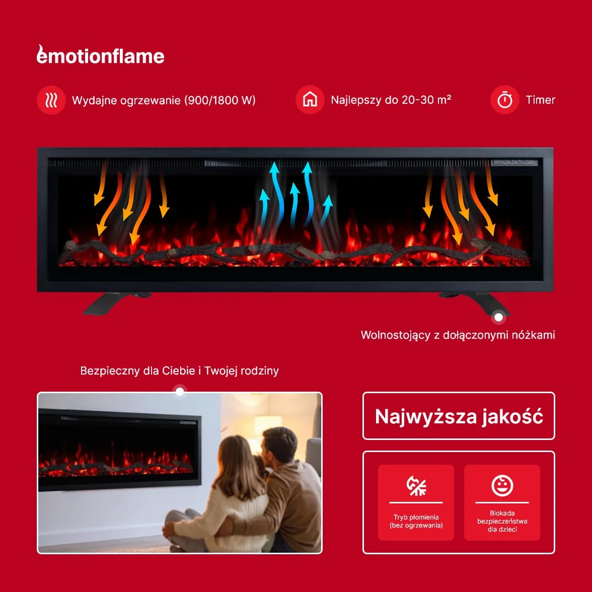 Kominek elektryczny Emotion Flame Regal 182 - ogień premium - na ścianę i do zabudowy - 182x35x12 cm - kominek LED z grzaniem 900/1800 W