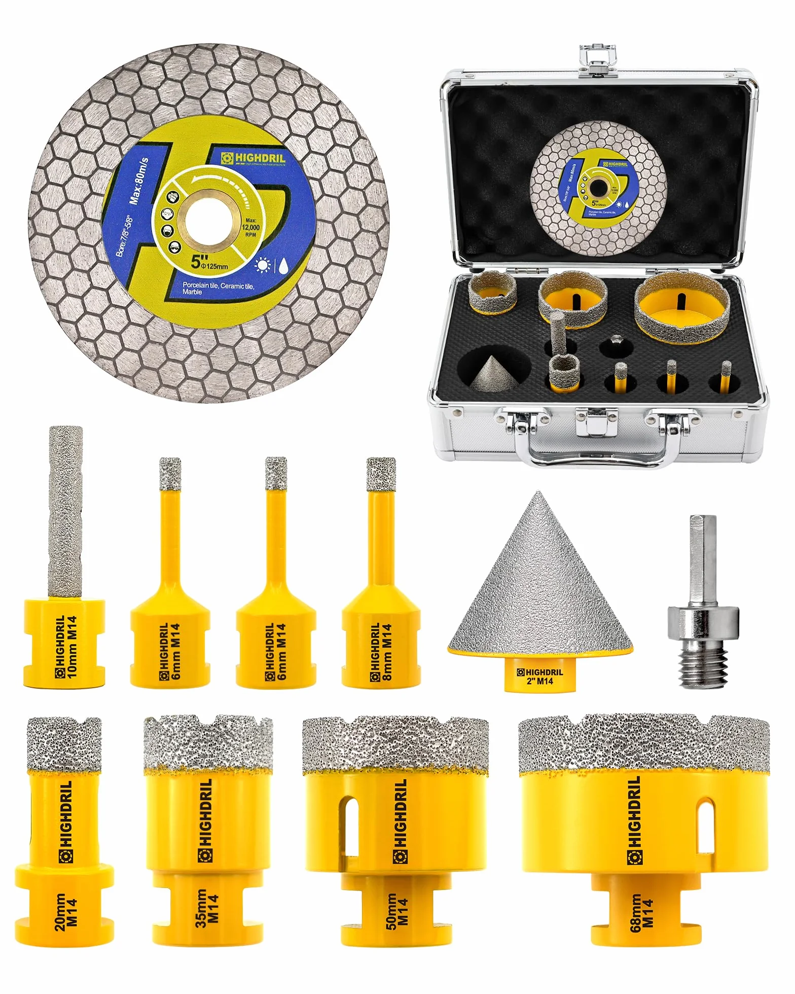 HIGHDRIL 11 sztuk diamentowej piły otworniczej, diamentowe wiertło 6/6/8/20, 35, 50, 68 mm, z frezem do fazowania 50 mm, frez do palców, adapter, tarczą do płytek, porcelana, ceramika, granit, marmur
