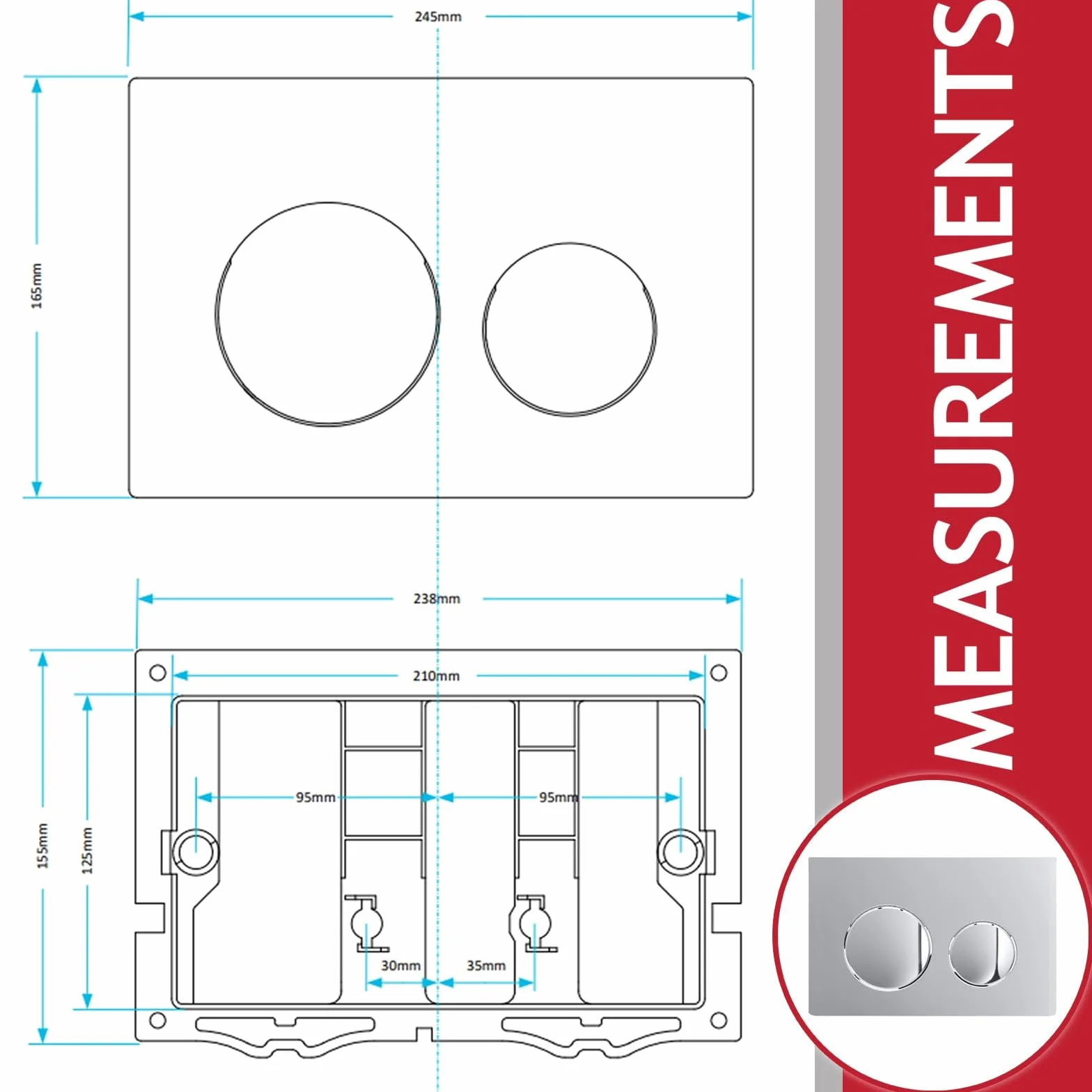 SPARES2GO Luksusowy zestaw spłukiwaczy do ukrytego zbiornika toaletowego Skylo, rama wisząca (chromowany srebrny, 245 mm x 165 mm)
