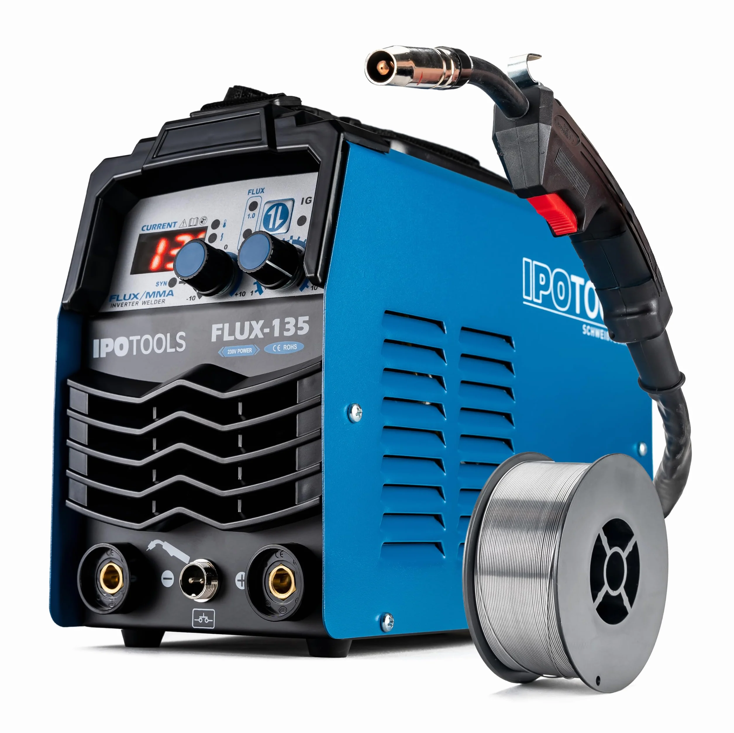 IPOTOOLS FLUX-135 spawarka drutem rdzeniowym bez gazu 135 A – 3 w 1 FLUX/ARC/MMA inwerterowa spawarka z synergicznym posuwem drutu, IGBT, 230 V, kompaktowa i przenośna
