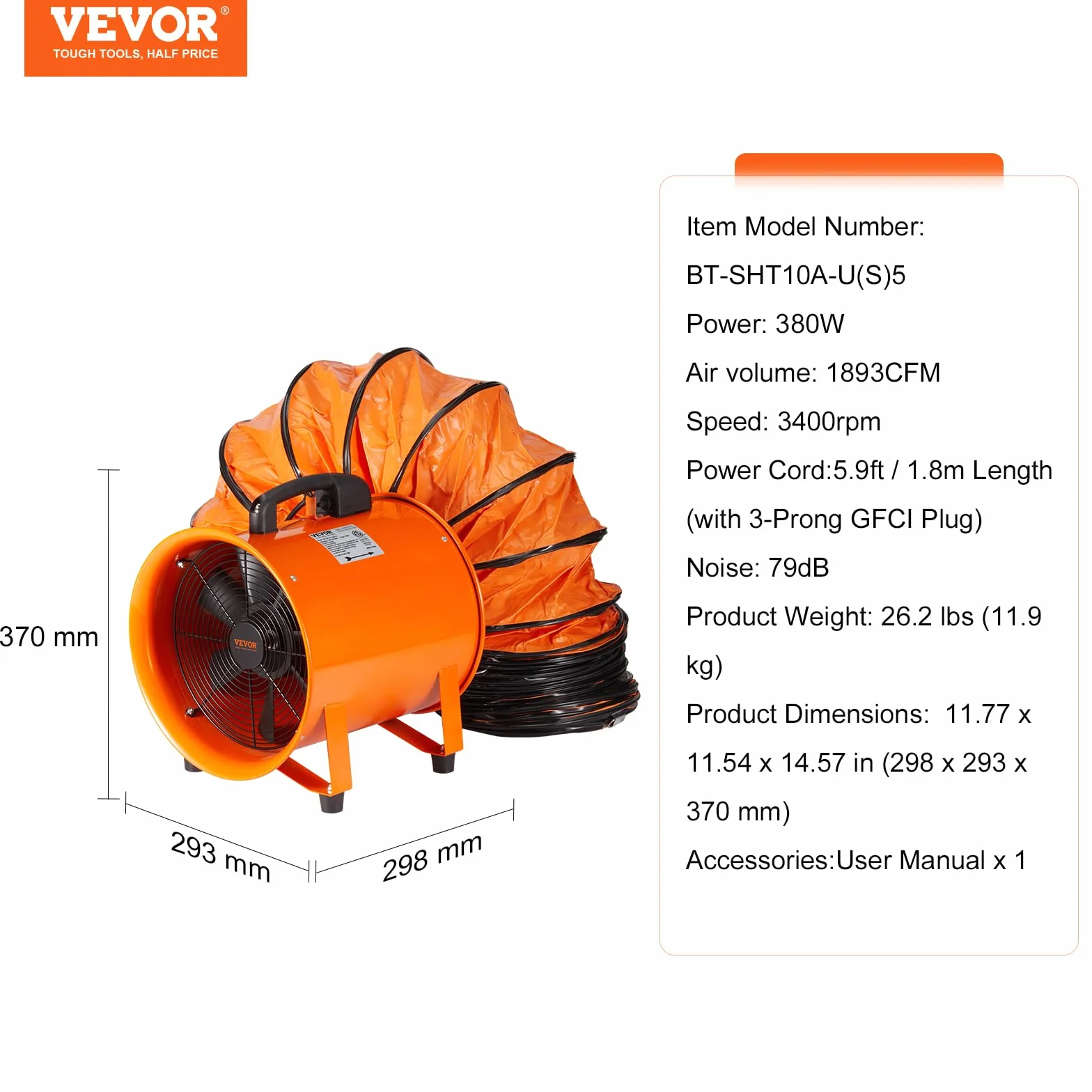 VEVOR Wentylator budowlany 255 W AC 1720 CFM dmuchawa osiowa z wężem 5 m