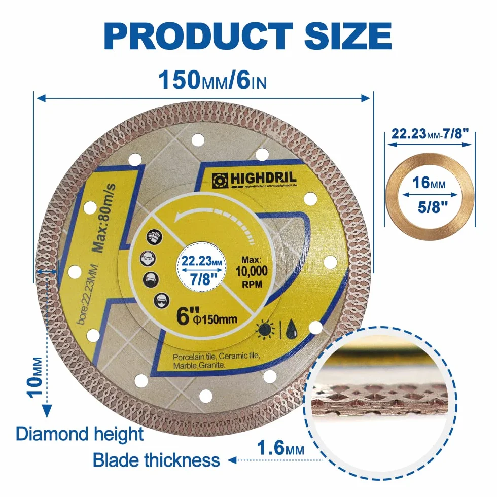 Supercienkie ostrze diamentowe, HIGHDRIL, 5 szt., 150 mm z trzpieniem 7/8"-5/8", suche lub mokre diamentowe ostrze do płytek z siatki z szlifierką anioła, tarcza do cięcia porcelany, ceramiki, terakota, granit, marmur