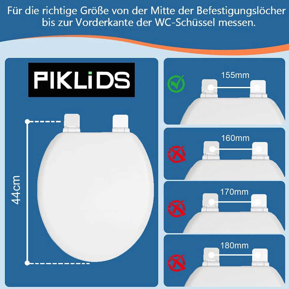 Deska sedesowa z drewnianym rdzeniem, kolor biały matowy – Soft-Touch i ultra gładka (bez skórki pomarańczowej), wolnoopadająca i szybkie zapięcie (Easy-Clean), kształt O, rozstaw otworów 155 mm