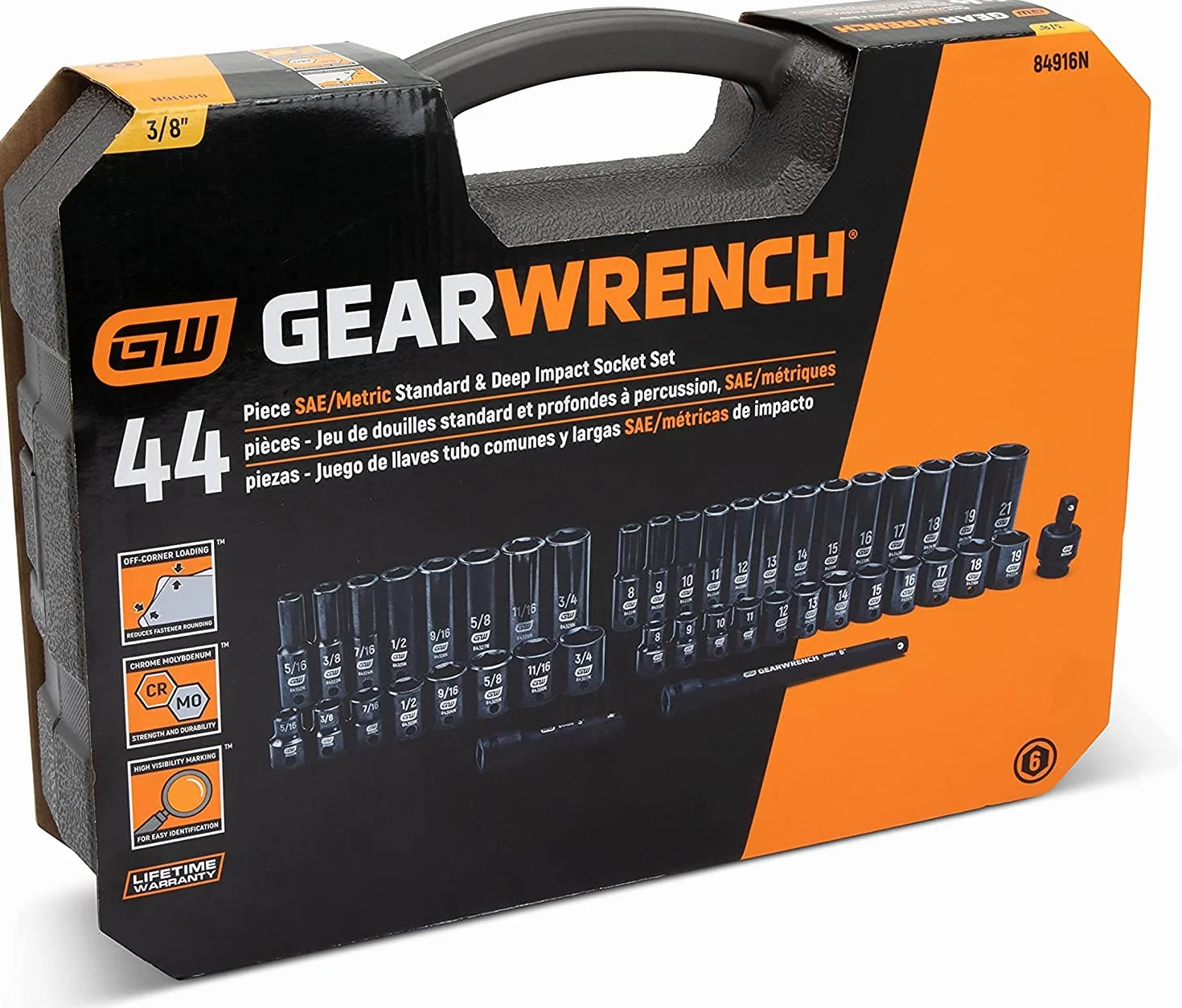 GEARWRENCH 44 szt. Napęd 3/20.3 cm 6-punktowy standardowy i głęboki wpływ SAE/zestaw nasadek metrycznych - 84916N