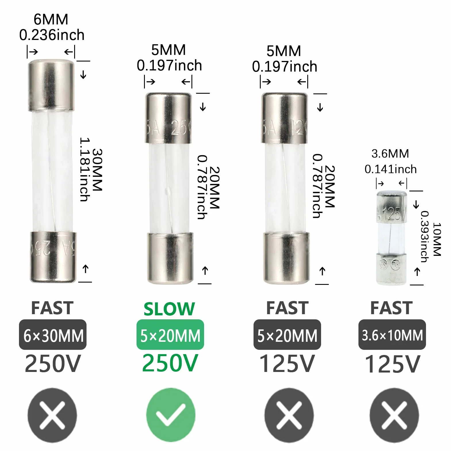 AUKENIEN 1,25 A, 1,25 A 250 V, bezpieczniki szklane soczewkowe 5 x 20 mm, T1,25 A, bezpiecznik szklany opóźniający rurę