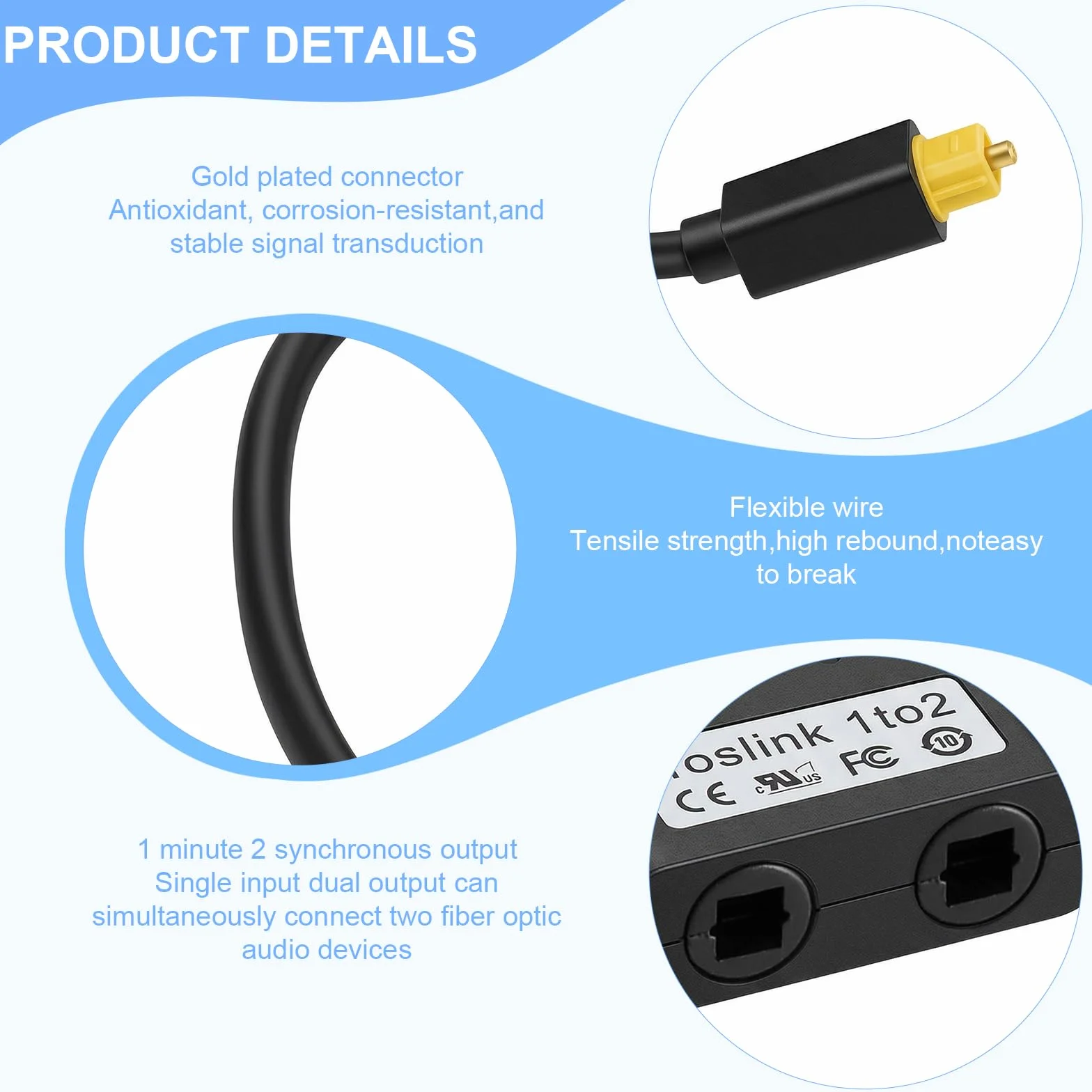 Toslink Splitter 1 w 2 Out optyczny rozdzielacz audio SPDIF rozdzielacz optyczny, kabel audio, adapter Toslink, rozdzielacz do TV, soundbar, odbiornika, DVD, Blu Ray, optyczny kabel audio, adapter